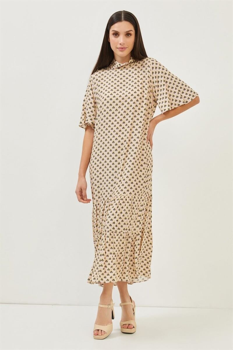 Bej-Pembe Kısa Kol Desenli Oversize ElbiseST060S40125701