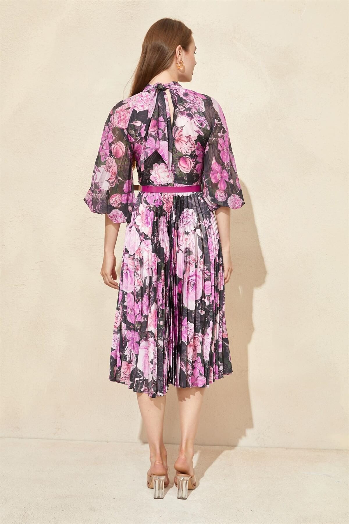 Fuşya Floral Desen Piliseli ElbiseST050W40375007