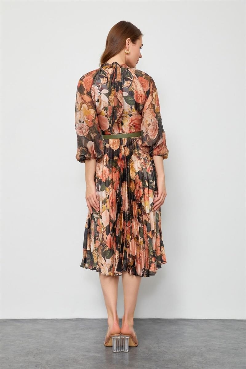 Haki Floral Desenli Kemerli Piliseli ElbiseST050W40375007