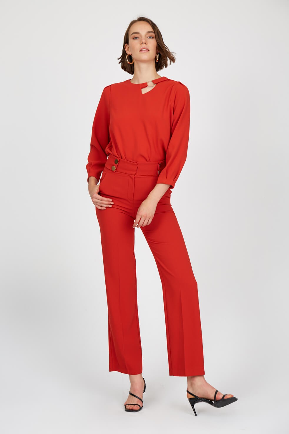 Kiremit Yüksek Bel Geniş Paça Pantolon