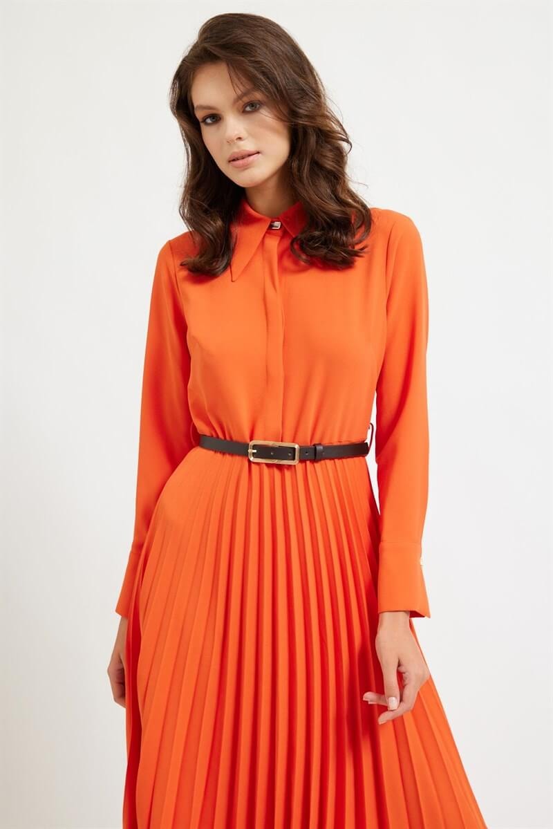 Oranj Pile Ve Kemer Detaylı Midi Boy ElbiseST070W40143601