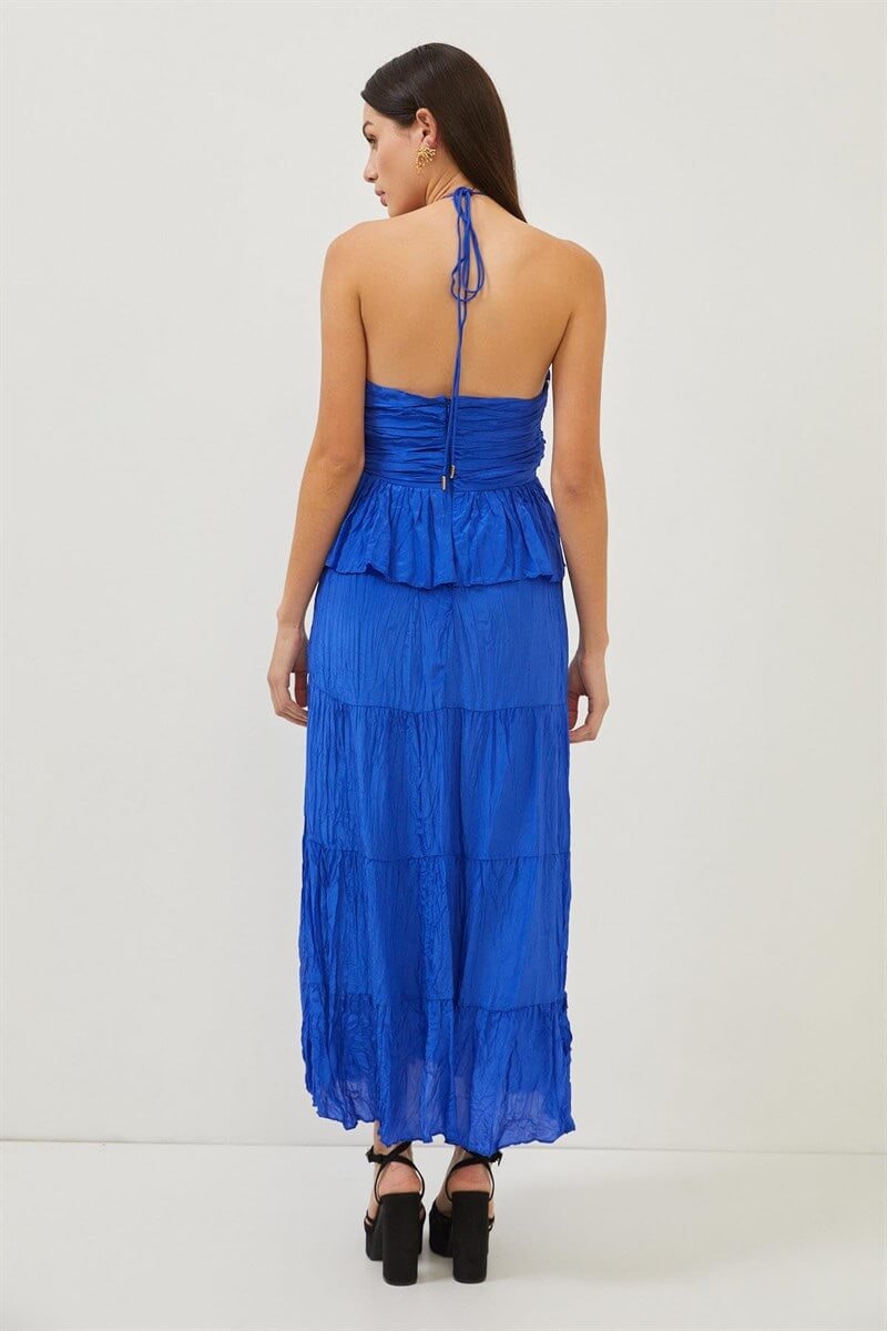 Saks Boyundan Bağlamalı Drape Detaylı Fırfırlı ElbiseST070S40155901