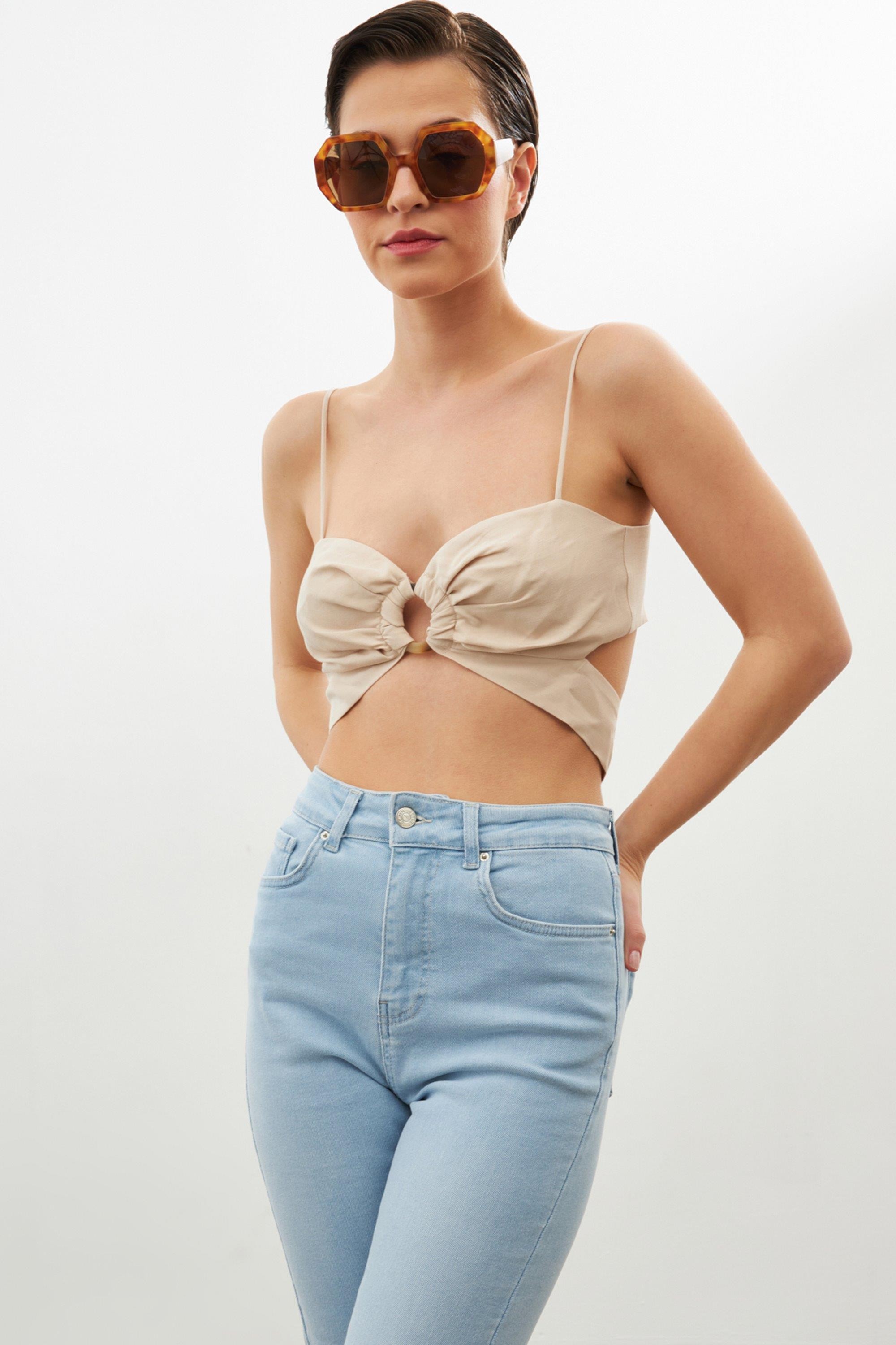 Bej İnce Askılı Crop Bluz Kadın Bluz modelleri