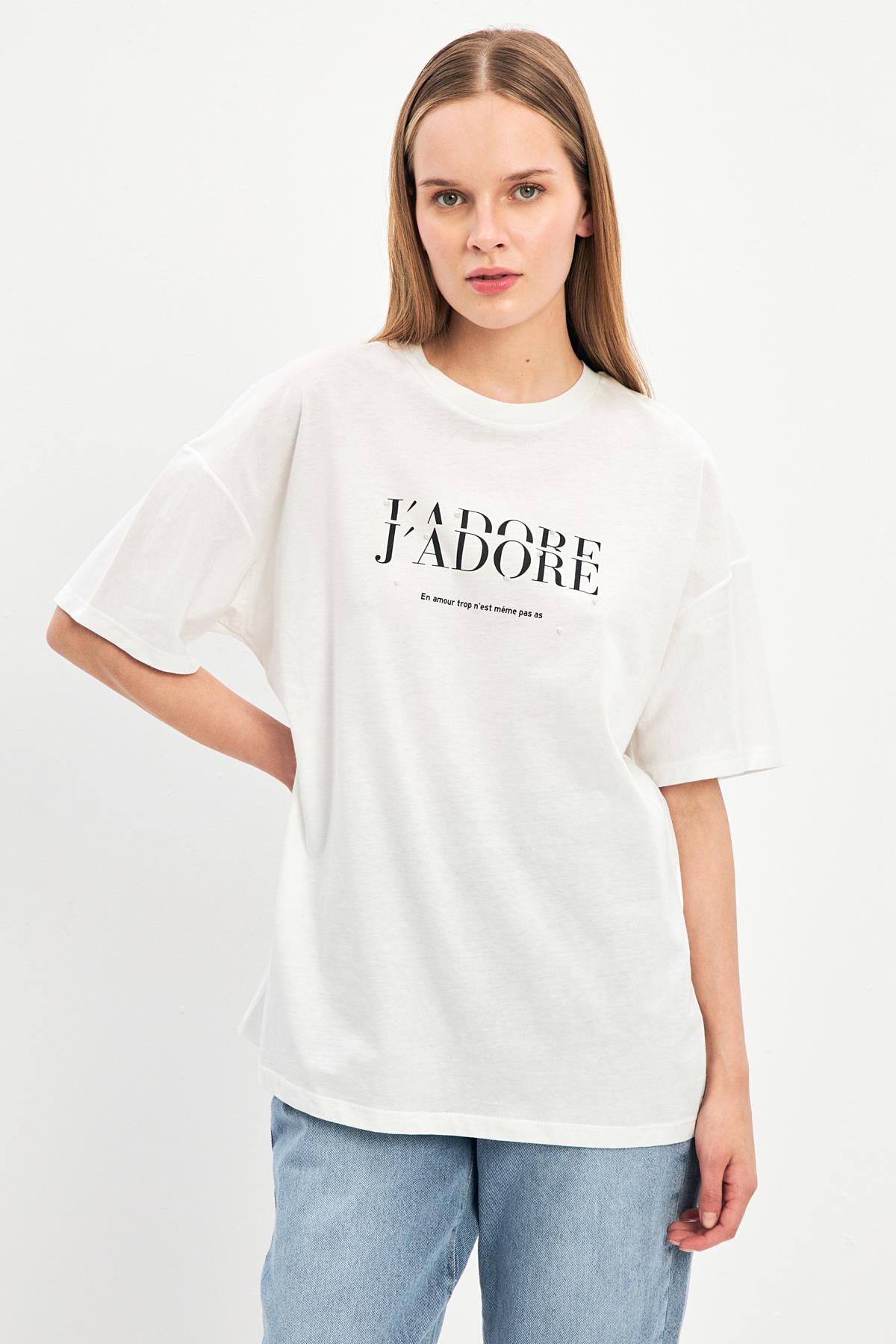 Ekru 2YD2CTS0435 T-SHIRT Kadın T-Shirt modelleri