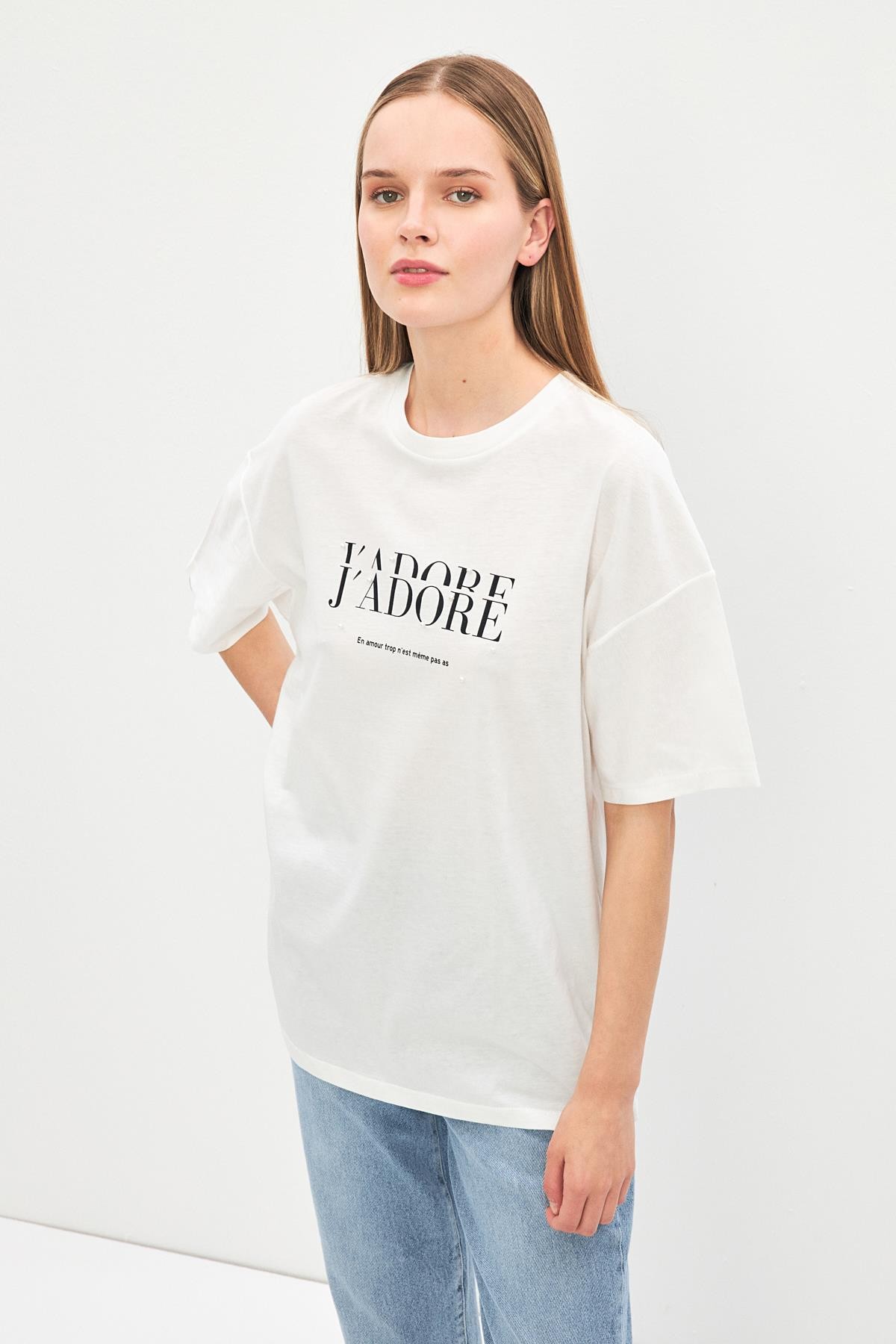 Ekru 2YD2CTS0435 T-SHIRT Kadın T-Shirt modelleri
