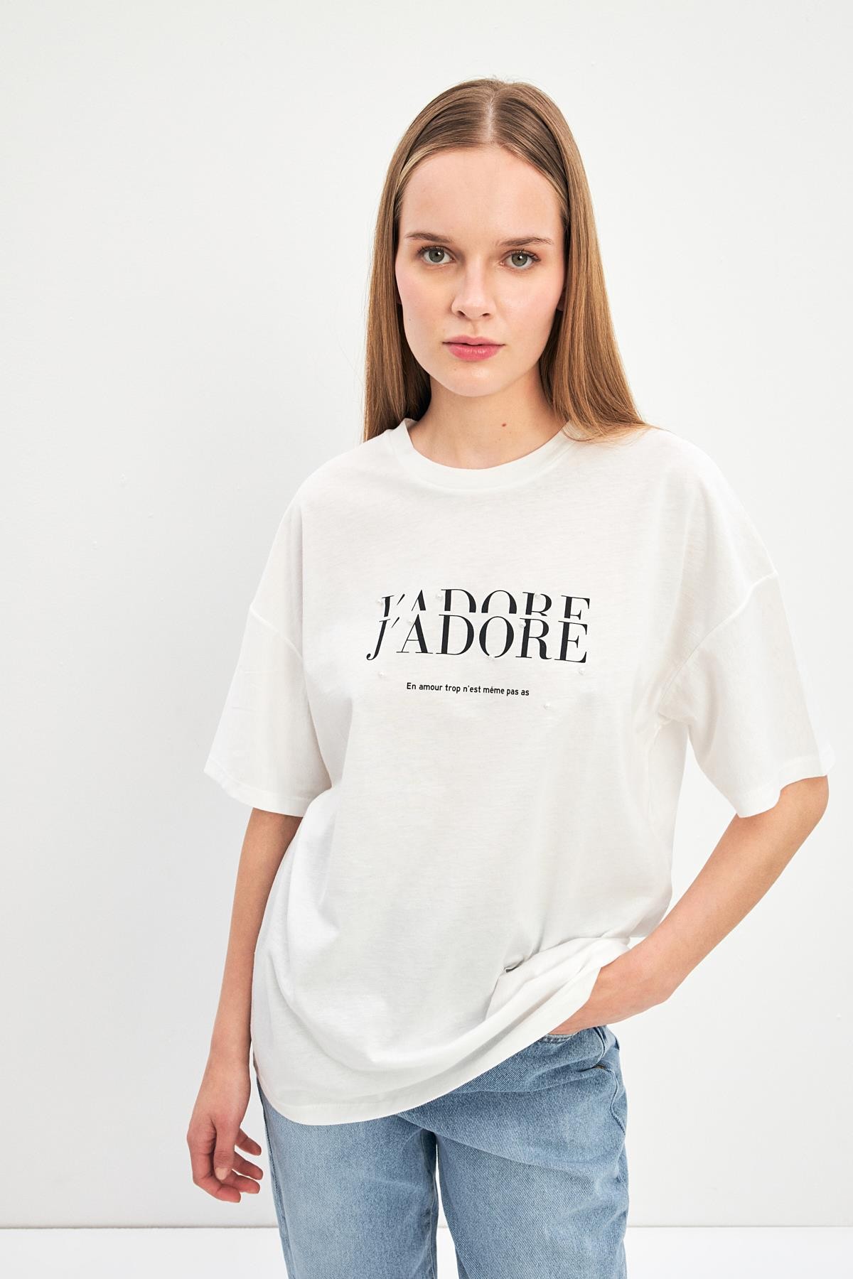 Ekru 2YD2CTS0435 T-SHIRT Kadın T-Shirt modelleri