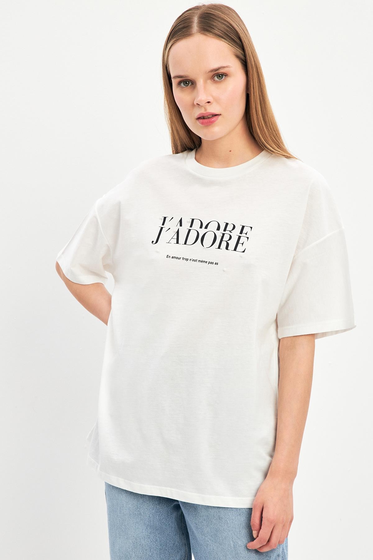 Ekru 2YD2CTS0435 T-SHIRT Kadın T-Shirt modelleri