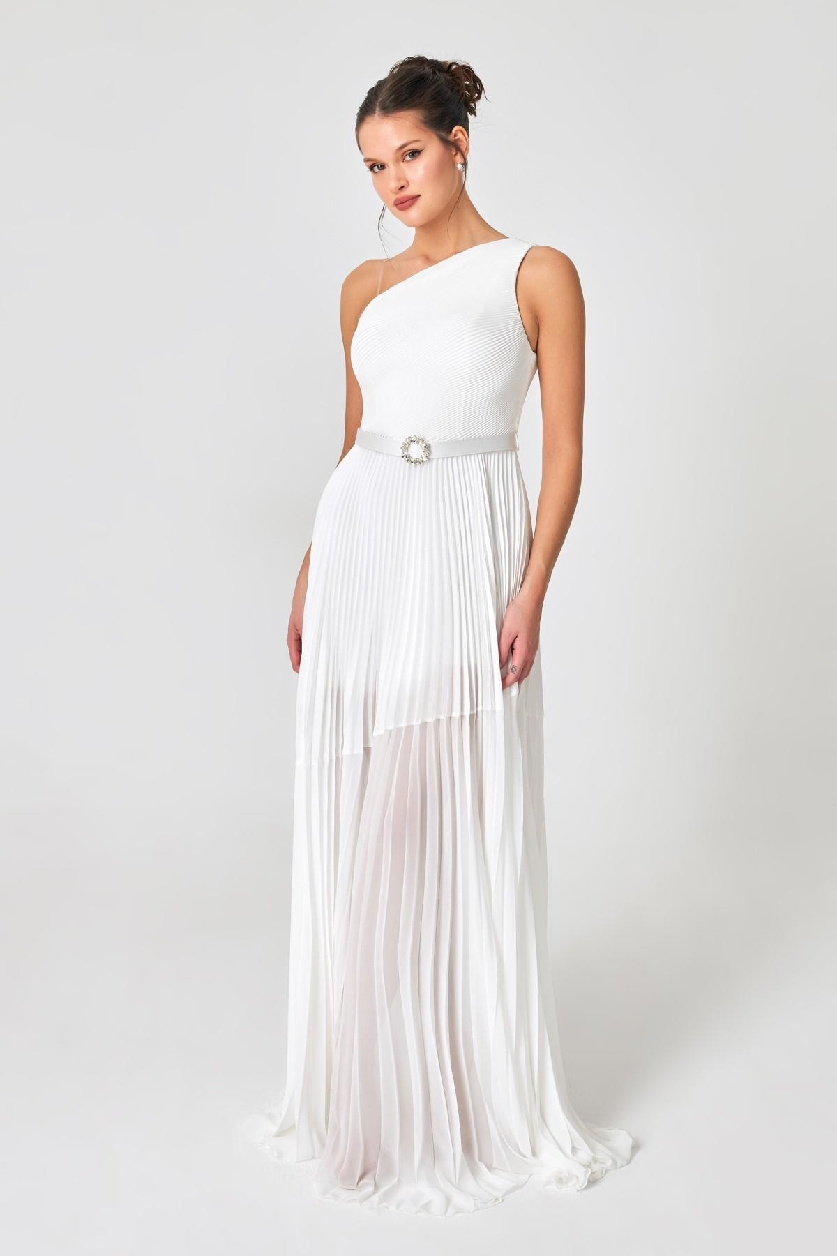 Kemik Tek Omuzlu Belden Kemer Ve Etekten Transparan Detaylı Abiye Elbise Kadın Kategorisiz modelleri