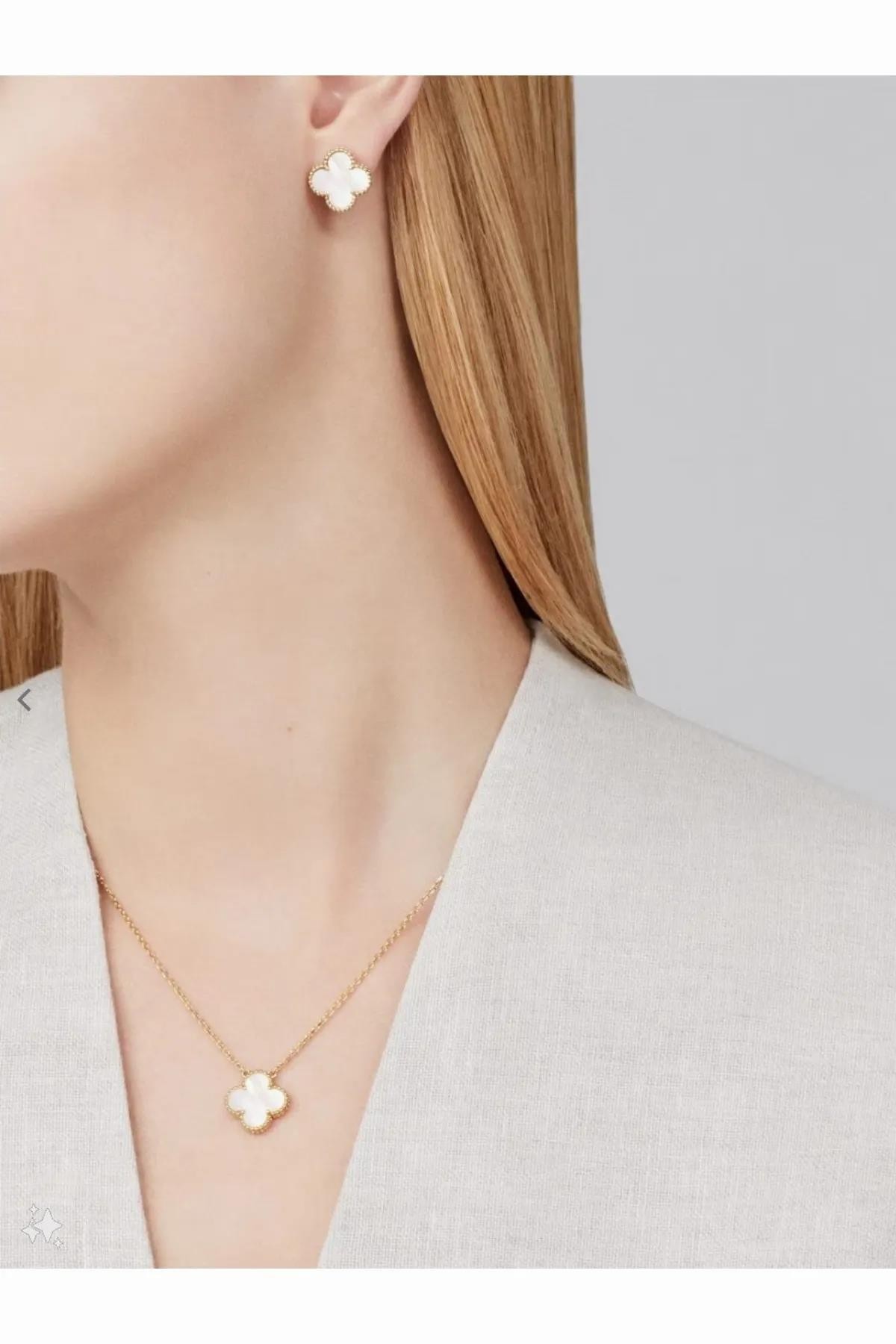 Kırık Beyaz Van Cleef Çelik Vintage Alhambra Model Beyaz Mineli Altın Zincir Tek Motif İthal Kolye Kadın Kategorisiz modelleri