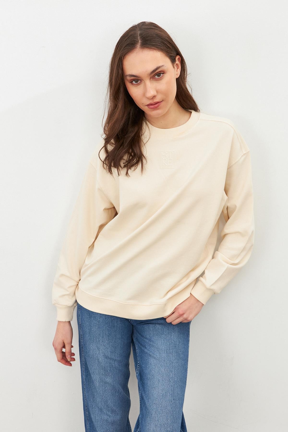Krem Pamuklu Sweatshirt Kadın Sweatshirt modelleri
