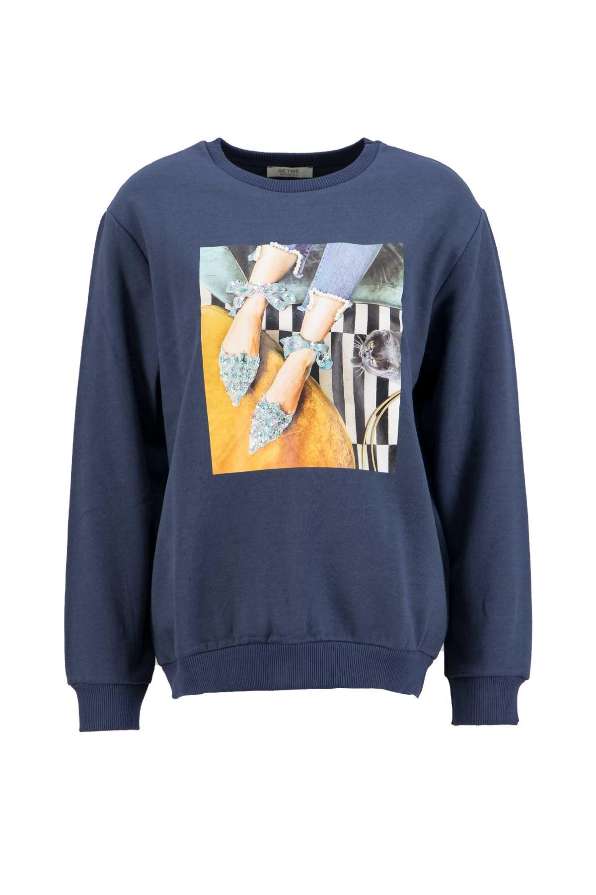 Lacivert Baskılı Sweatshirt Kadın Sweatshirt modelleri