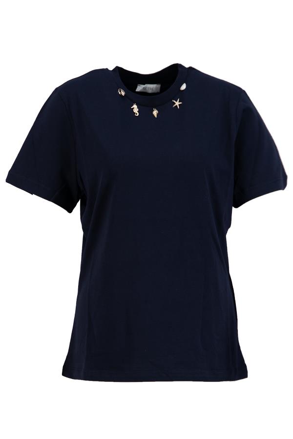 Lacivert Yakası Taş Detaylı Basic T-Shirt Kadın T-Shirt modelleri