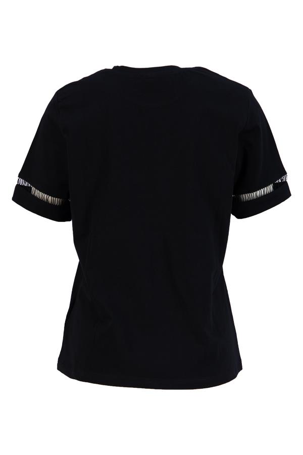 Siyah Baskılı Kol Ve Omuzda Örme Detaylı Bisiklet Yaka T-Shirt Kadın T-Shirt modelleri