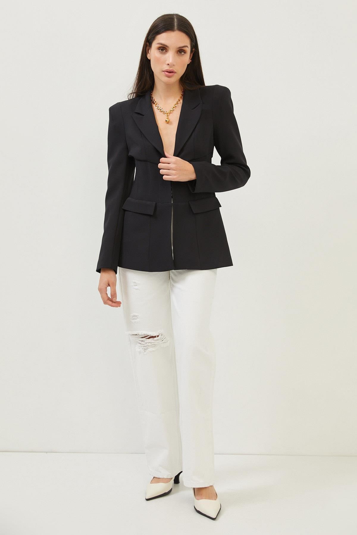Siyah Belden Oturan Blazer Ceket Kadın Ceket modelleri