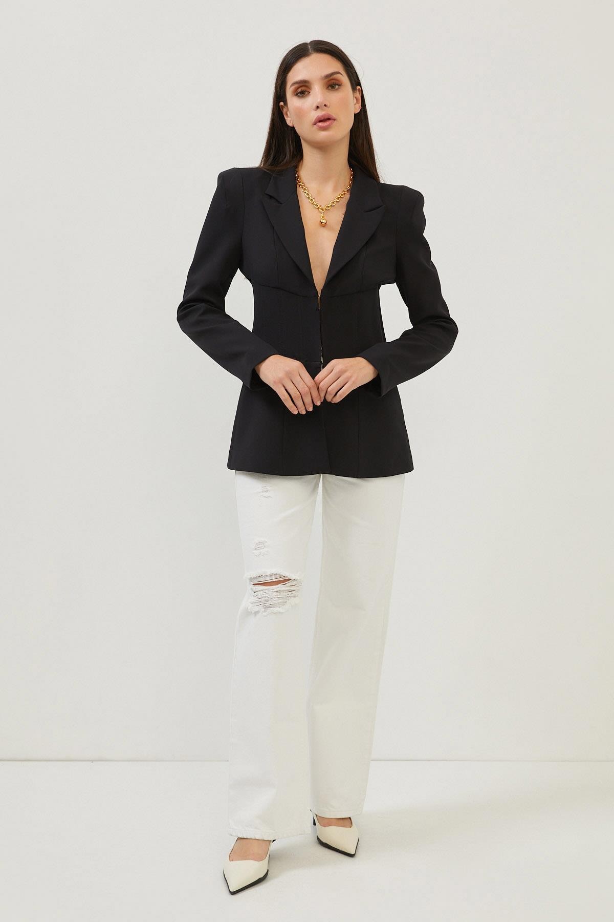 Siyah Belden Oturan Blazer Ceket Kadın Ceket modelleri