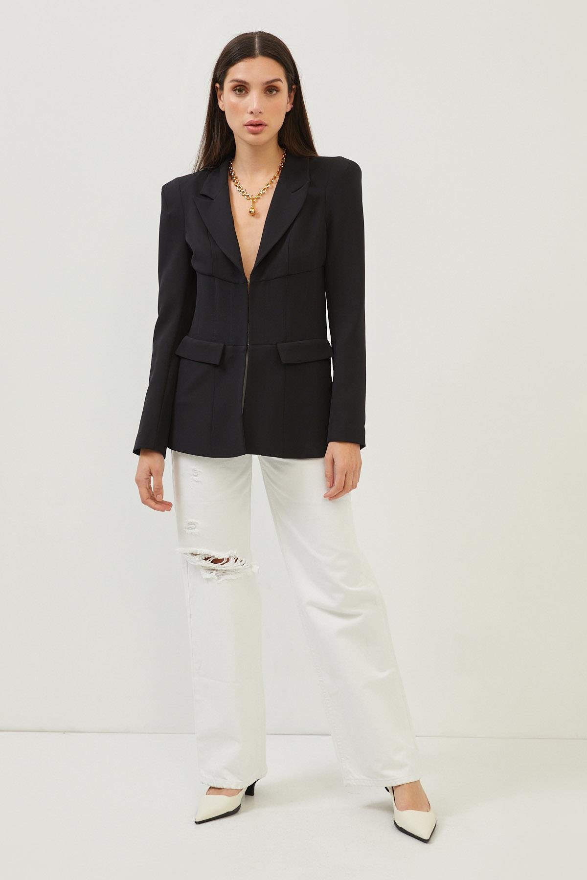 Siyah Belden Oturan Blazer Ceket Kadın Ceket modelleri