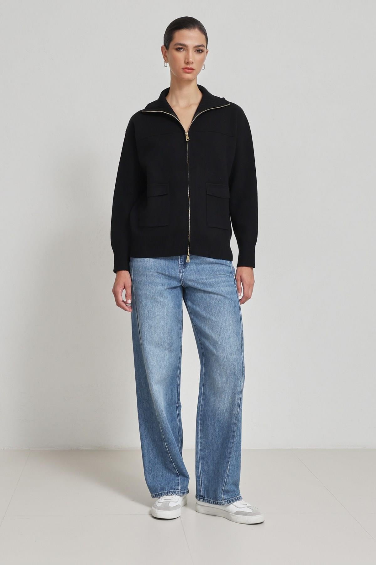 Siyah Cepli Fermuarlı Kadın Sweatshirt Kadın Kategorisiz modelleri