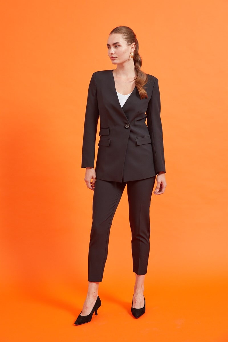 Siyah Kruvaze Yaka Tek Düğme Blazer CeketST060S90280001