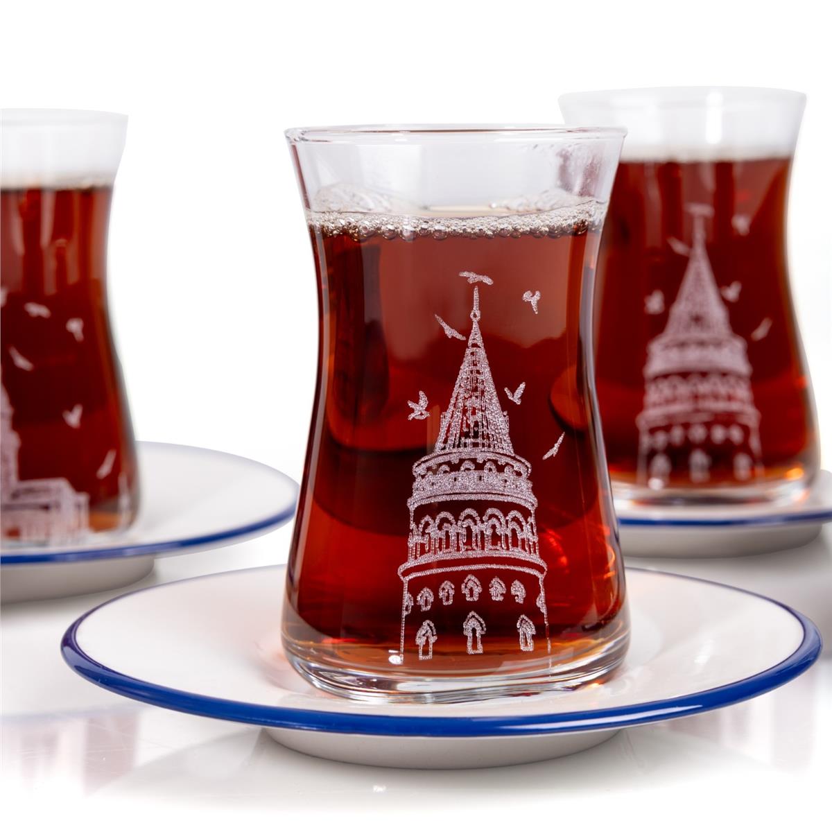 Galata ve Kız Kulesi 2’li Cam Çay Bardağı ve Çay Tabağı Seti