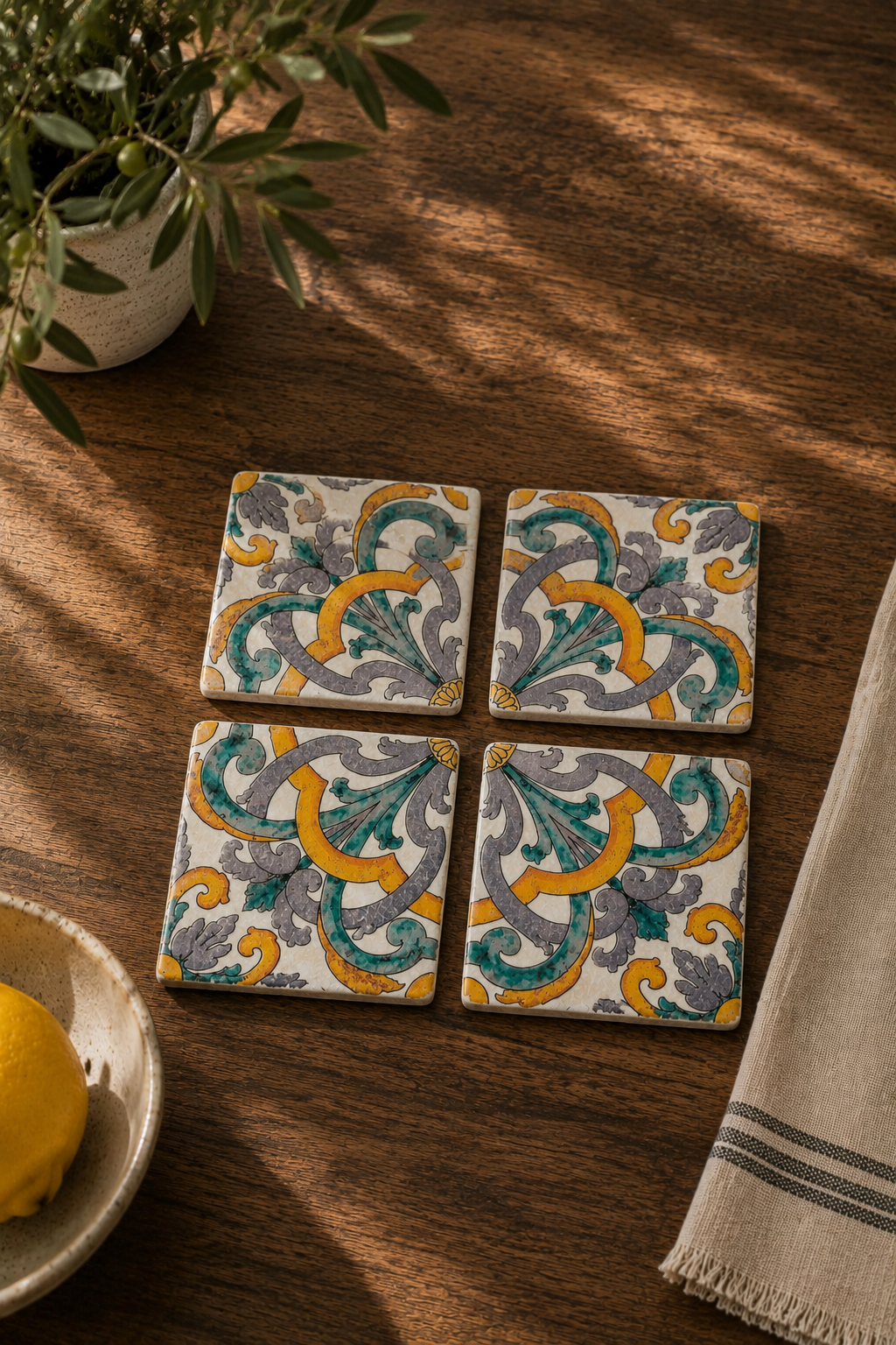 Galata Floral Desen 4'lü Traverten Bardak Altlığı