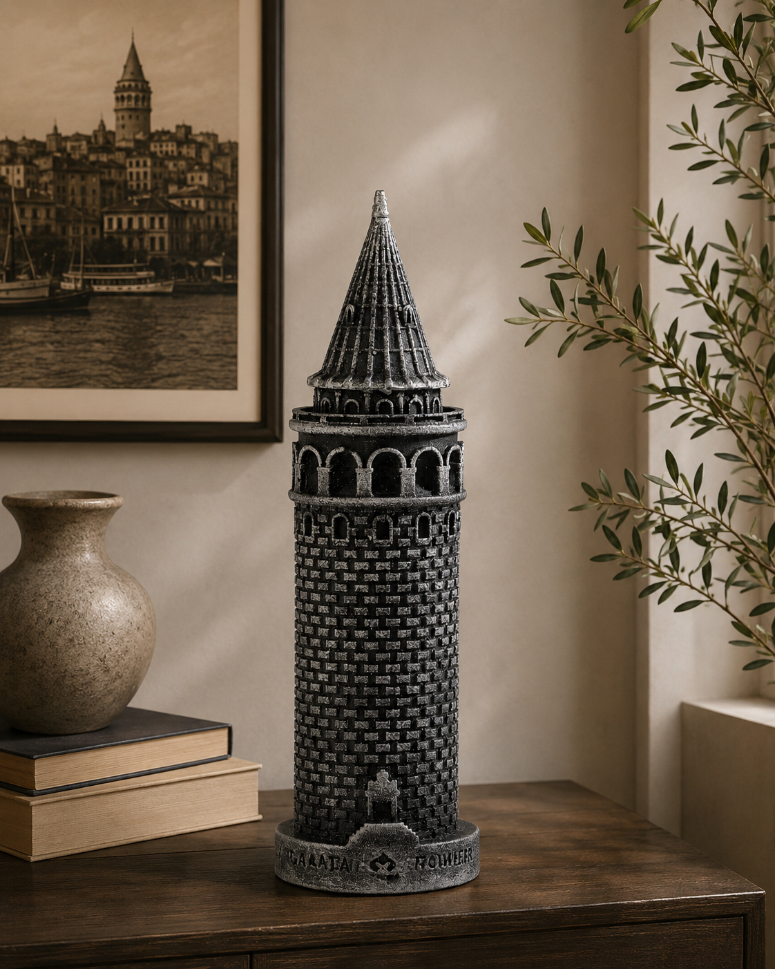 Galata Kulesi Metalik Gri Mermerit Heykel 12,5 cm
