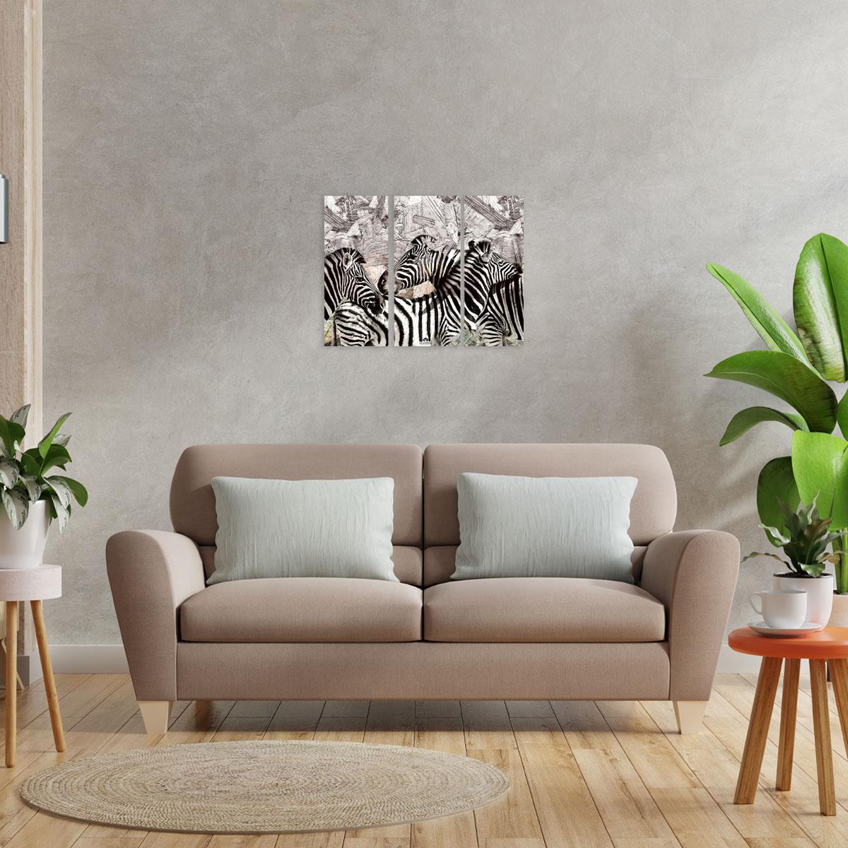 Zebra Desenli Üçlü Ahşap Duvar Panosu