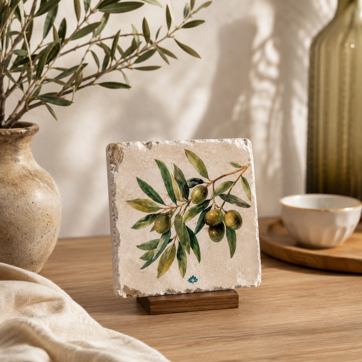 Yeşil Zeytin Dalı Desenli Traverten Tekli Bardak Altlığı