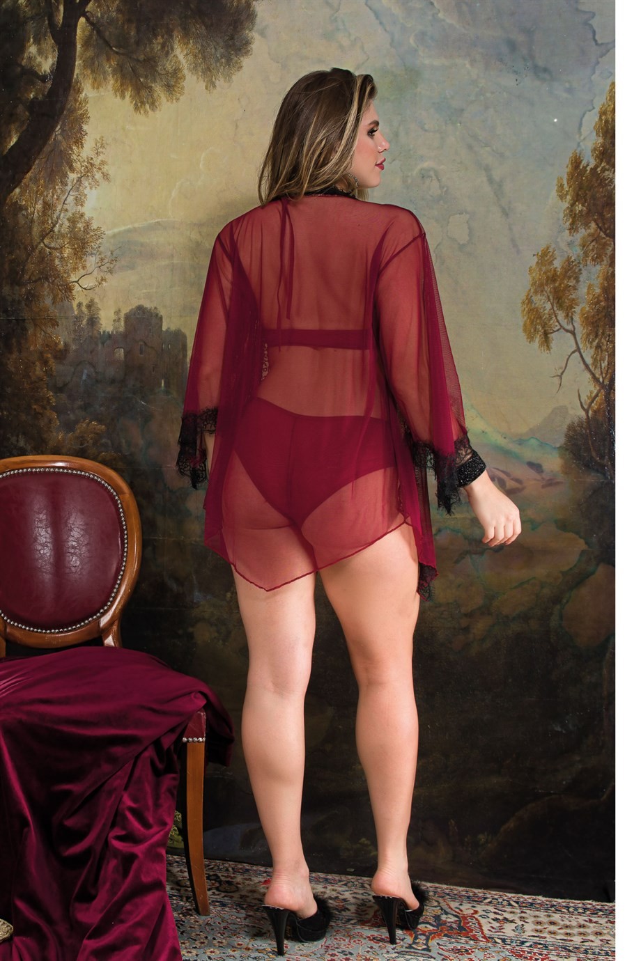 Bella Notte Bordo Benekli Alt Üst Takım Tül Gecelik Sabahlık 9645