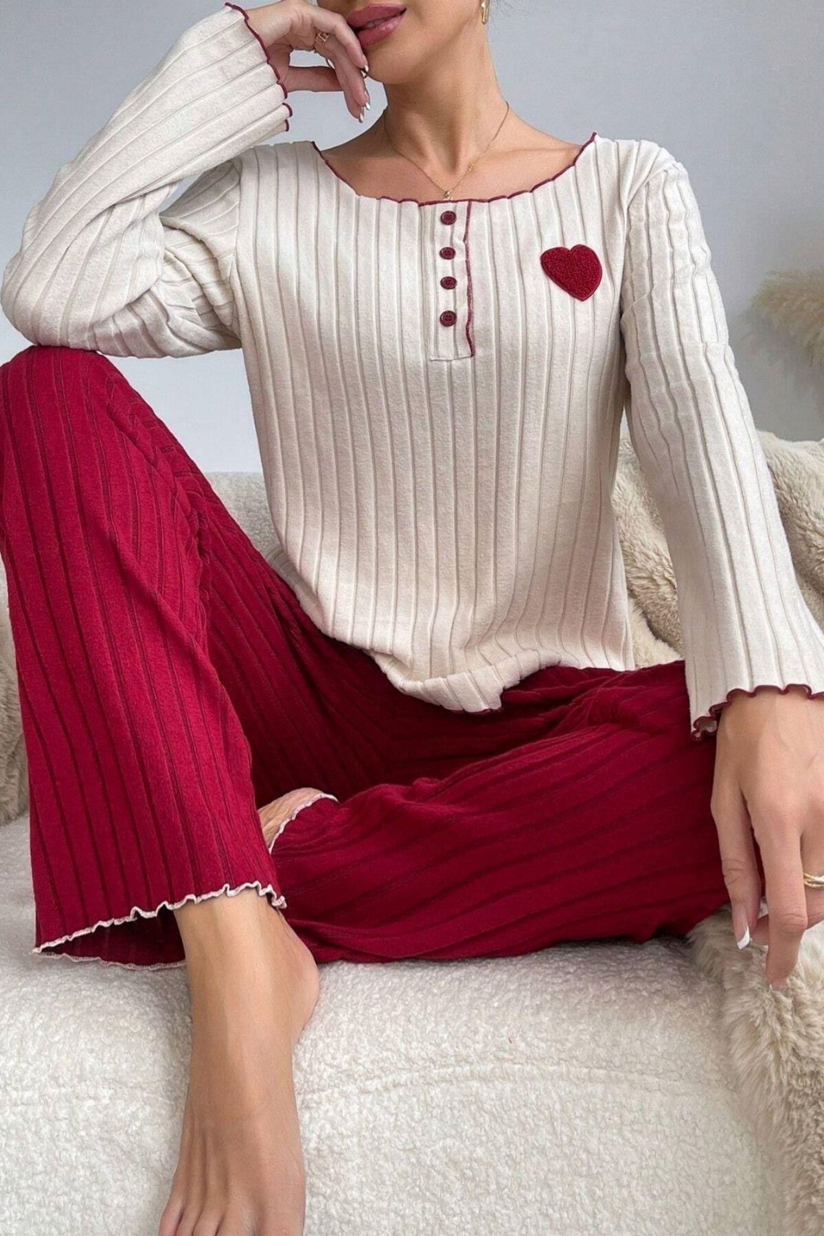 Bella Notte Bordo Pamuklu Kalp Detaylı Pijama Takımı 7107