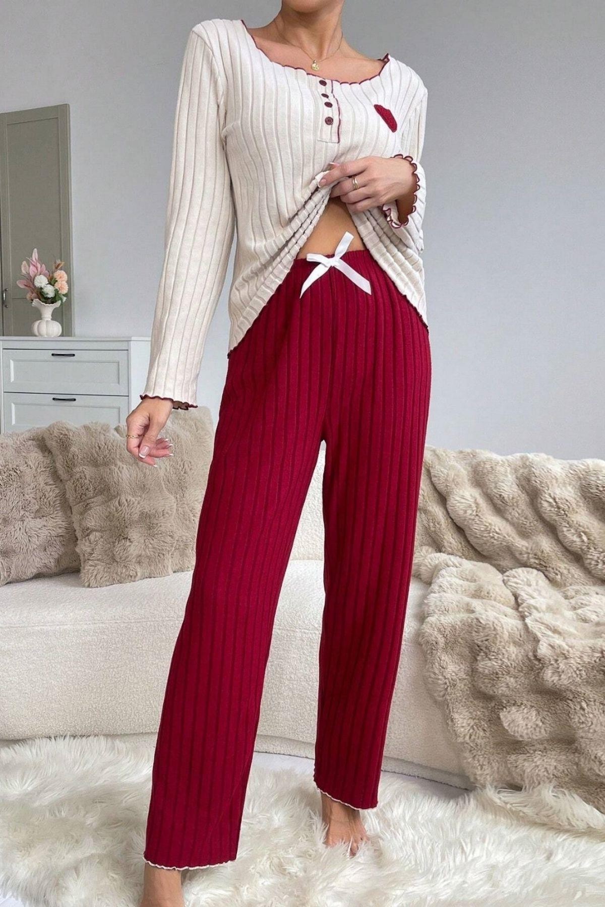 Bella Notte Bordo Pamuklu Kalp Detaylı Pijama Takımı 7107