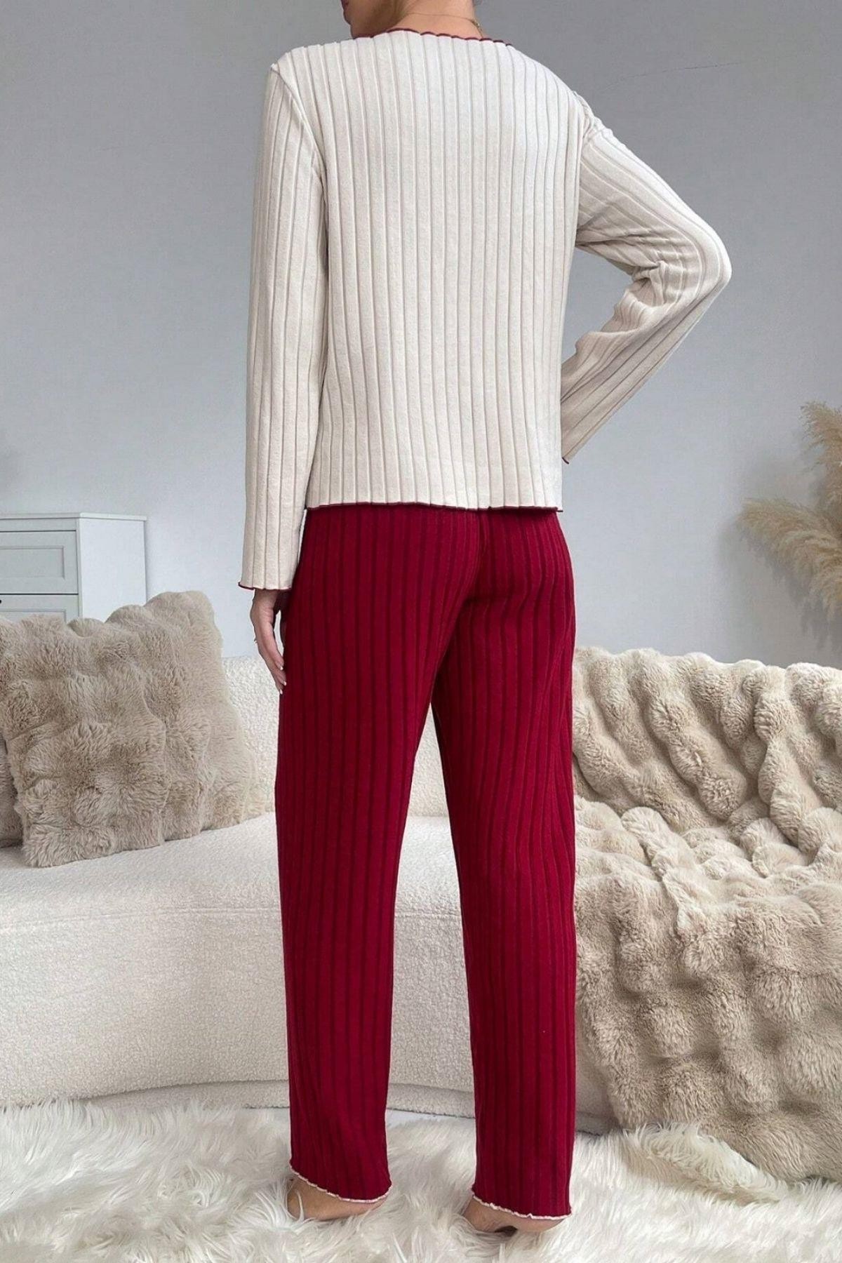 Bella Notte Bordo Pamuklu Kalp Detaylı Pijama Takımı 7107