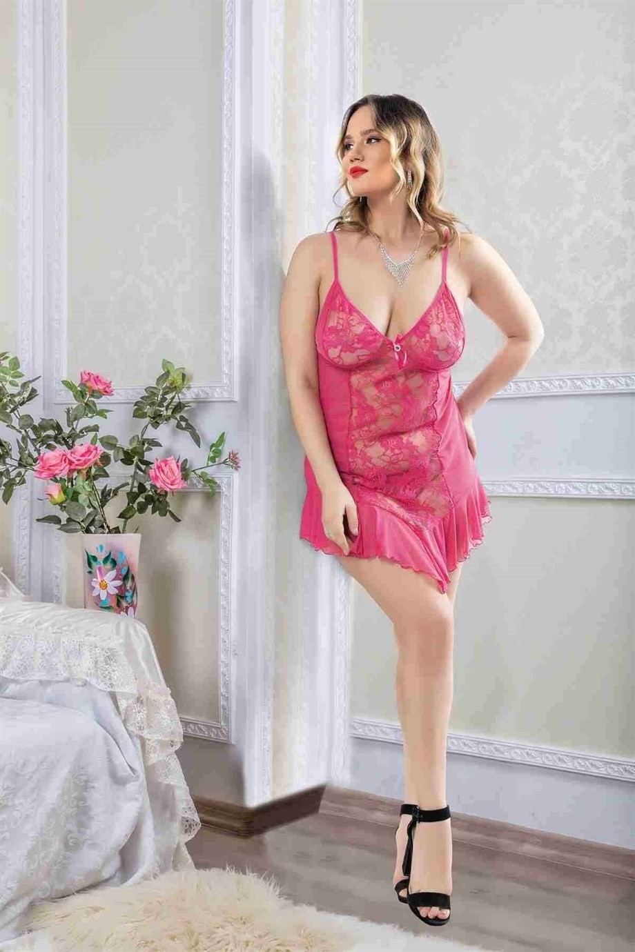 Bella Notte Büyük Beden Fuşya Dantelli Kısa Tül Gecelik 2520