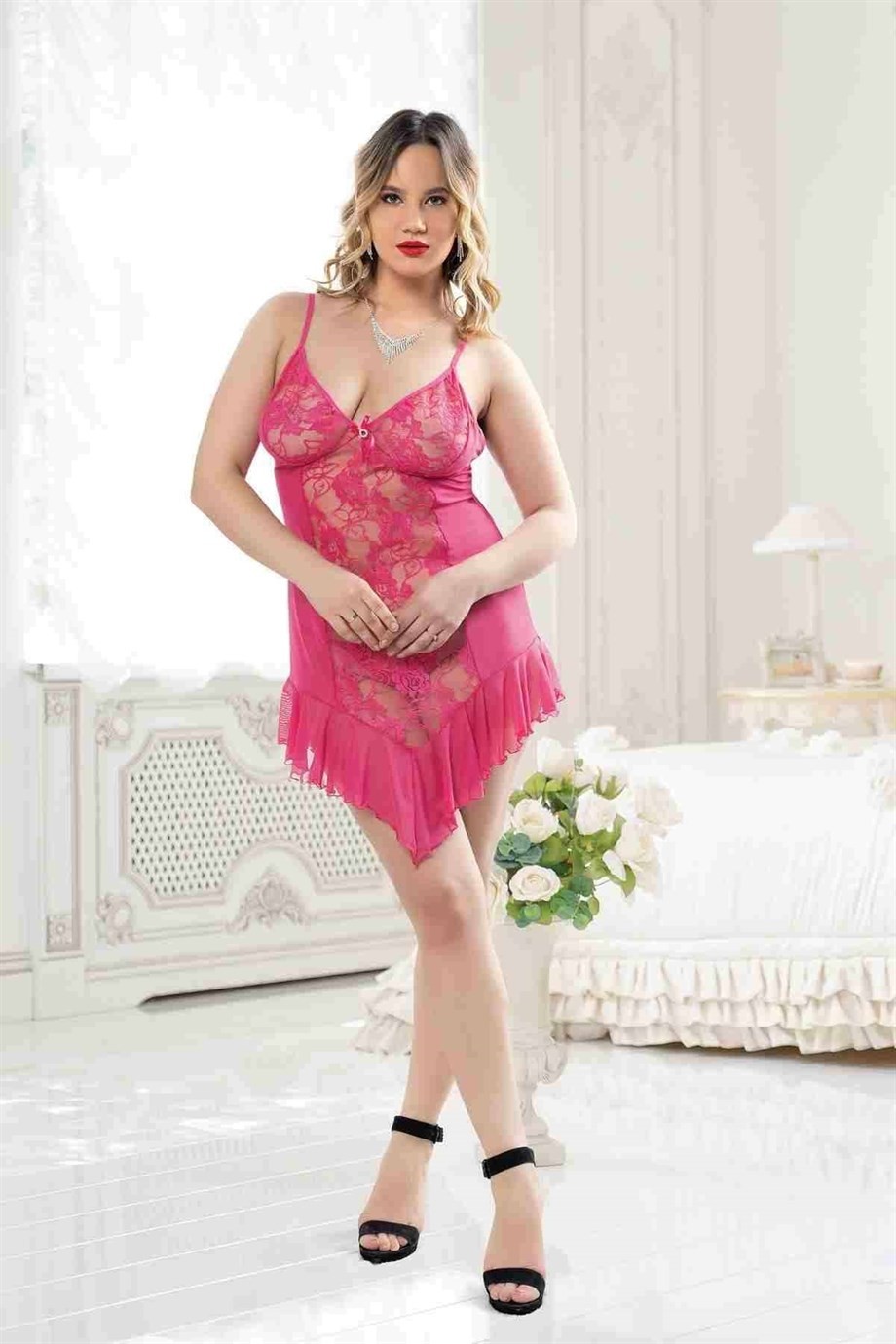 Bella Notte Büyük Beden Fuşya Dantelli Kısa Tül Gecelik 2520
