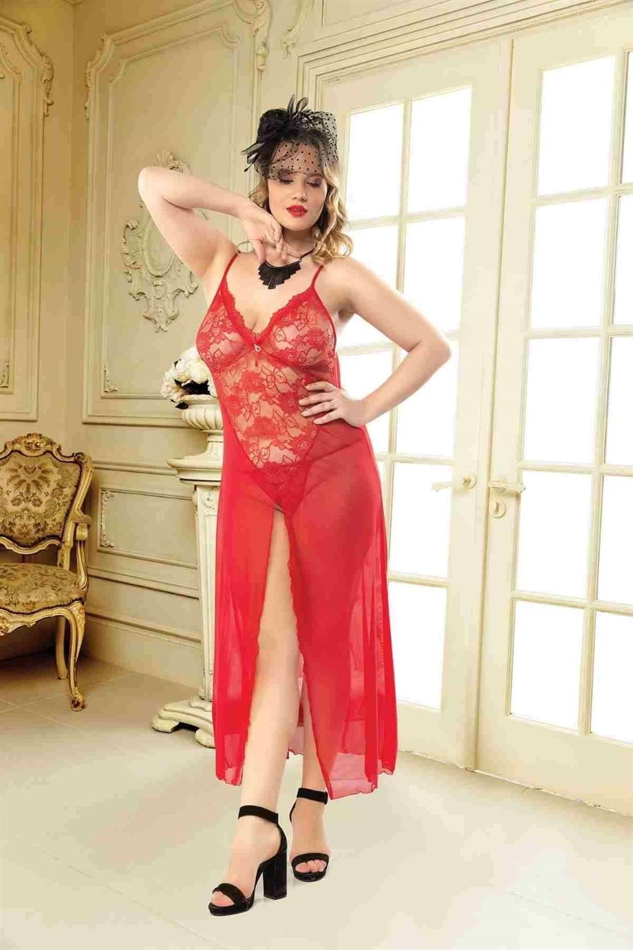 Bella Notte Büyük Beden Kırmızı Uzun Yırtmaçlı Seksi Tül Gecelik 1505