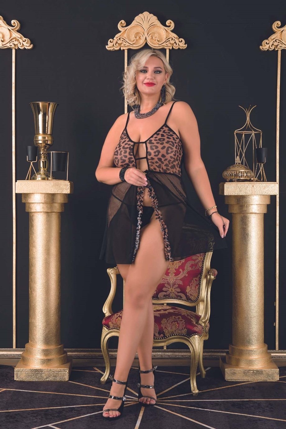 Bella Notte Büyük Beden Leopar Dantel İşlemeli Dekolteli Tül Gecelik 3528
