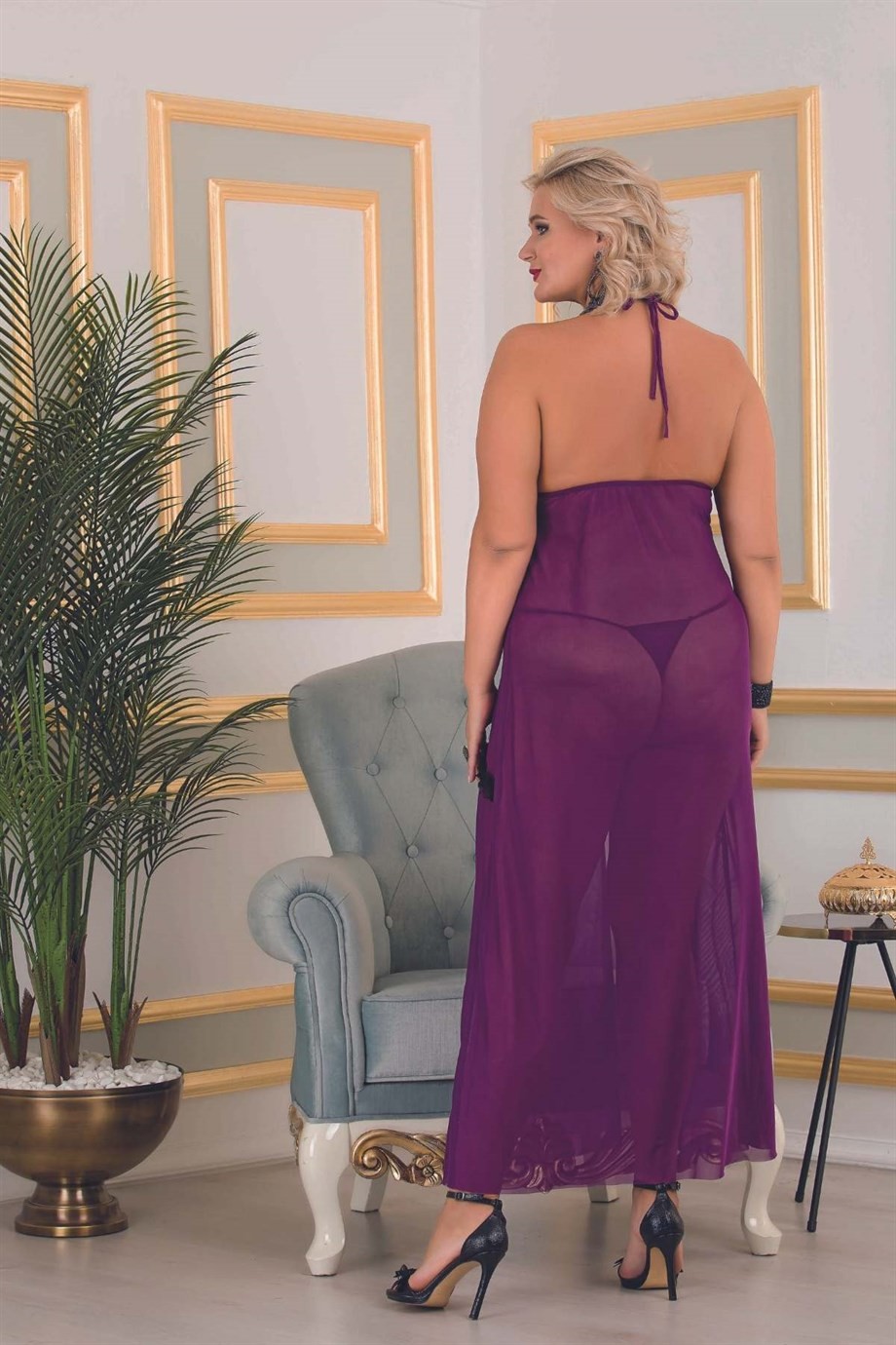 Bella Notte Büyük Beden  Mor Yırtmaçlı Seksi Uzun Tül Gecelik 7504