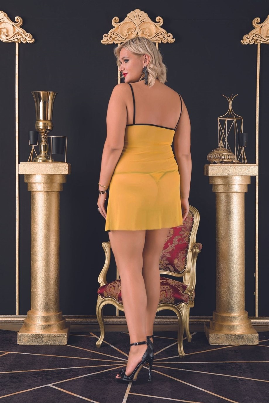 Bella Notte Büyük Beden Sarı Dantel İşlemeli Kısa Şık Tül Seksi Gecelik 3532