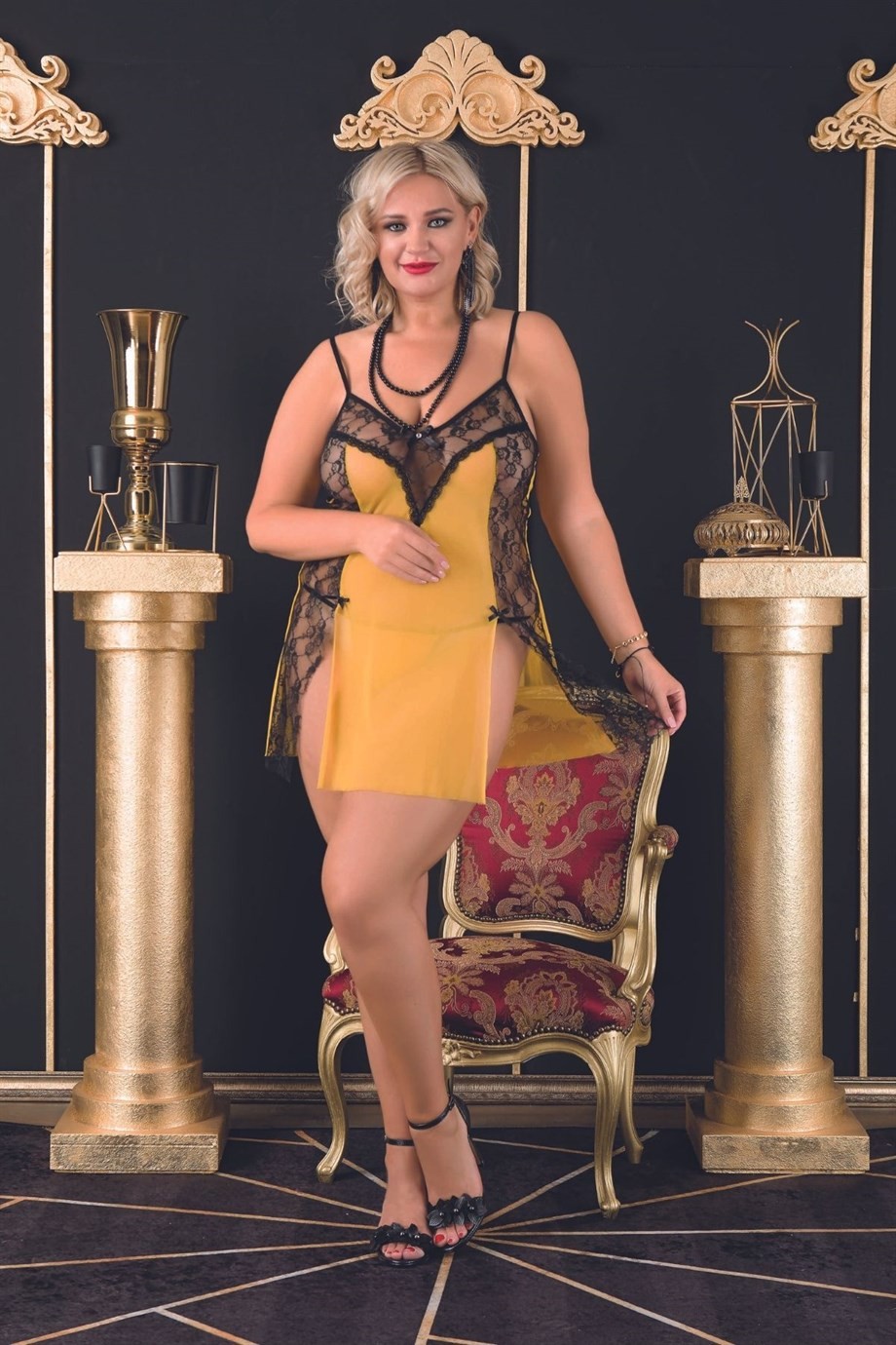 Bella Notte Büyük Beden Sarı Dantel İşlemeli Kısa Şık Tül Seksi Gecelik 3532
