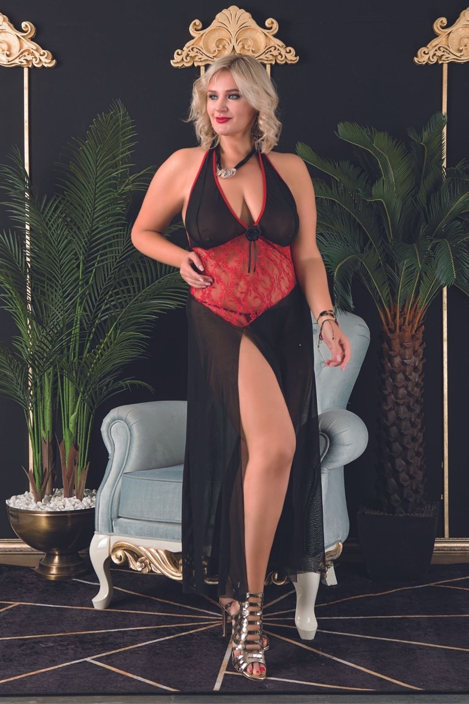 Bella Notte Büyük Beden Siyah Derin Yırtmaçlı Uzun Seksi Tül Gecelik 7540