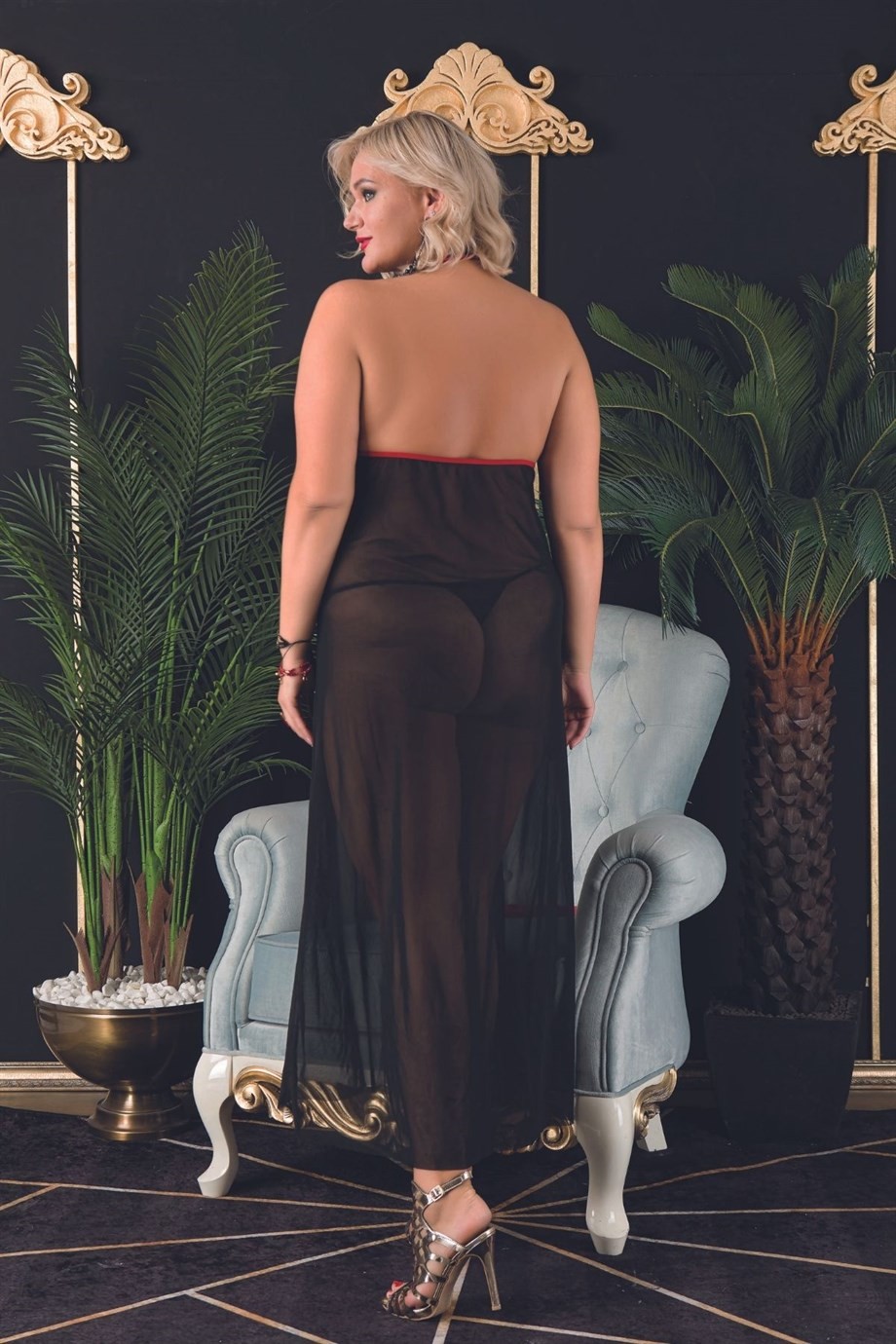 Bella Notte Büyük Beden Siyah Derin Yırtmaçlı Uzun Seksi Tül Gecelik 7540