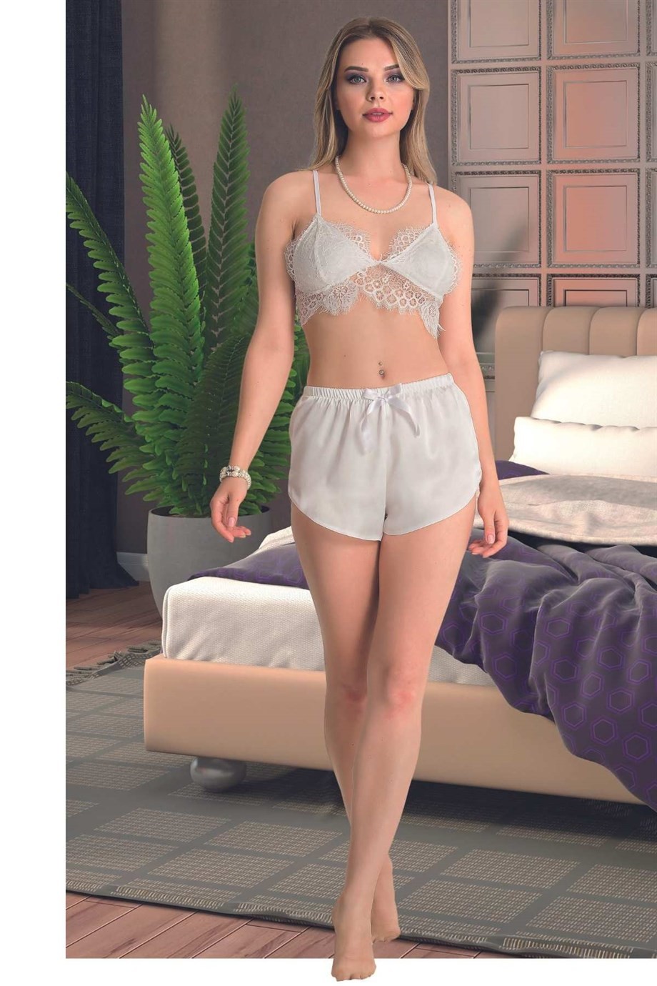 Bella Notte Dantel Büstiyerli Şık Saten Beyaz Seksi Şortlu Takim 1008