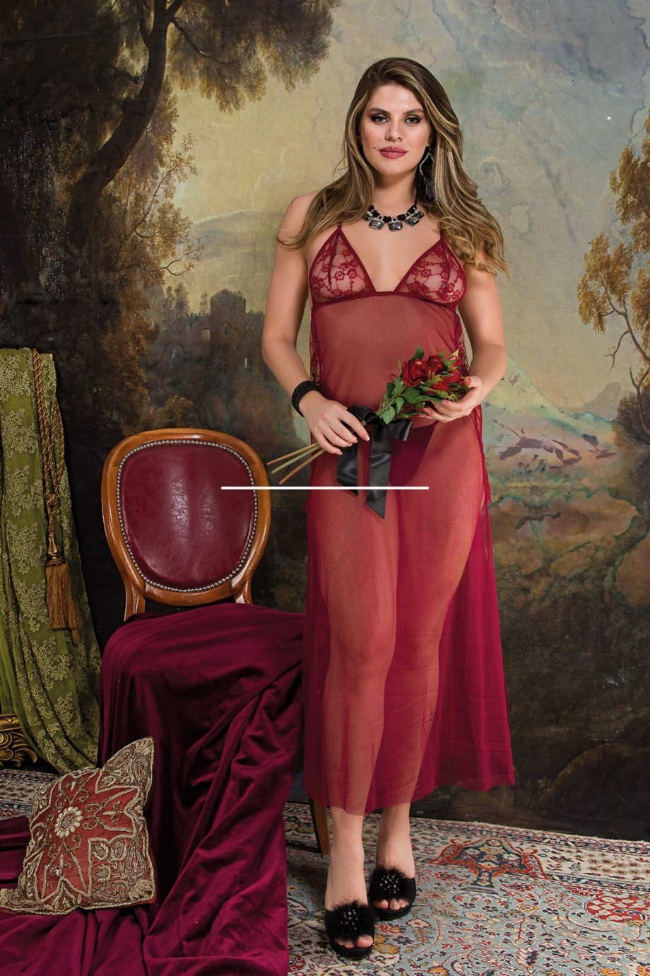 Bella Notte Göğsü Dantel Transparan Bordo Uzun Tül Gecelik 6598