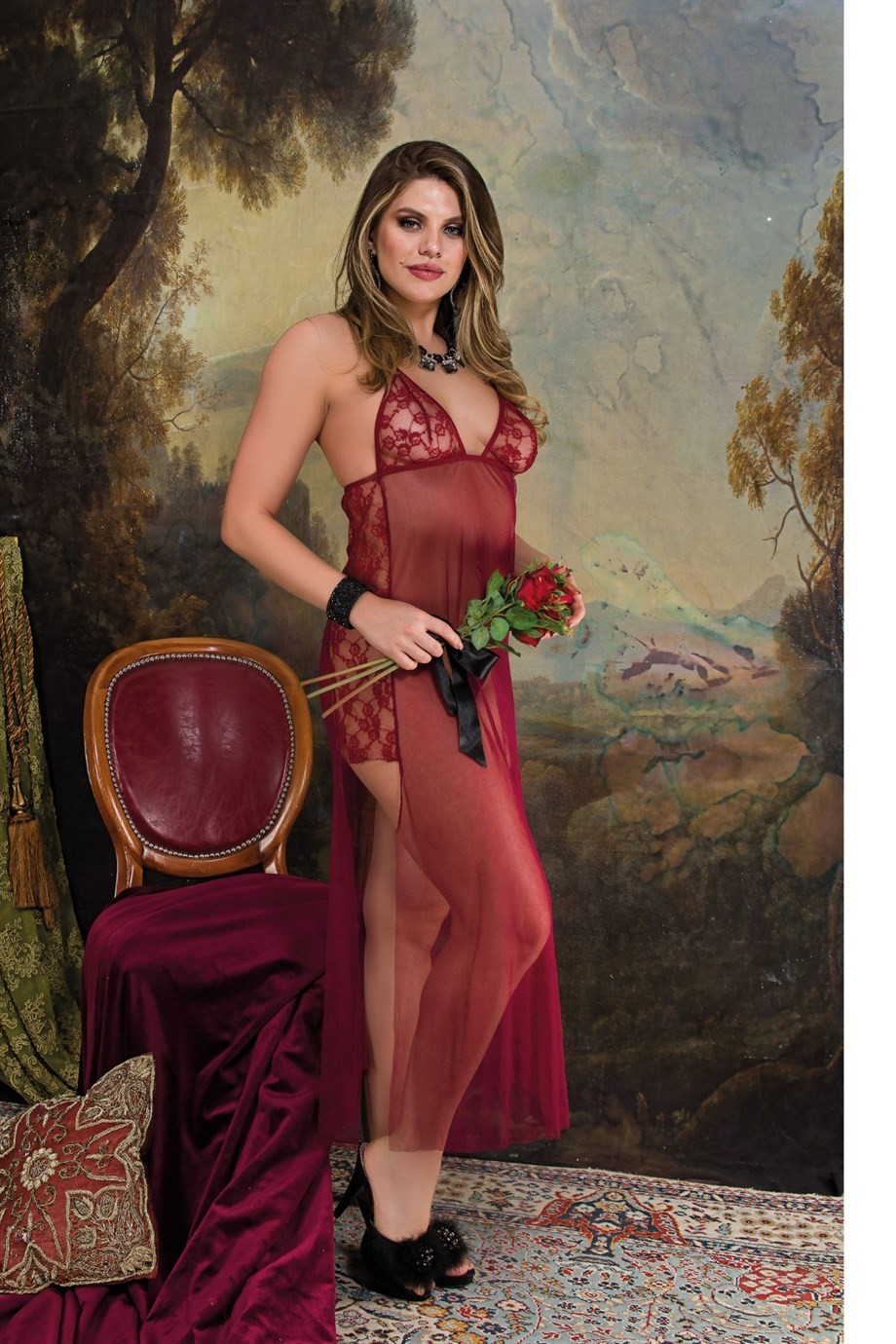 Bella Notte Göğsü Dantel Transparan Bordo Uzun Tül Gecelik 6598