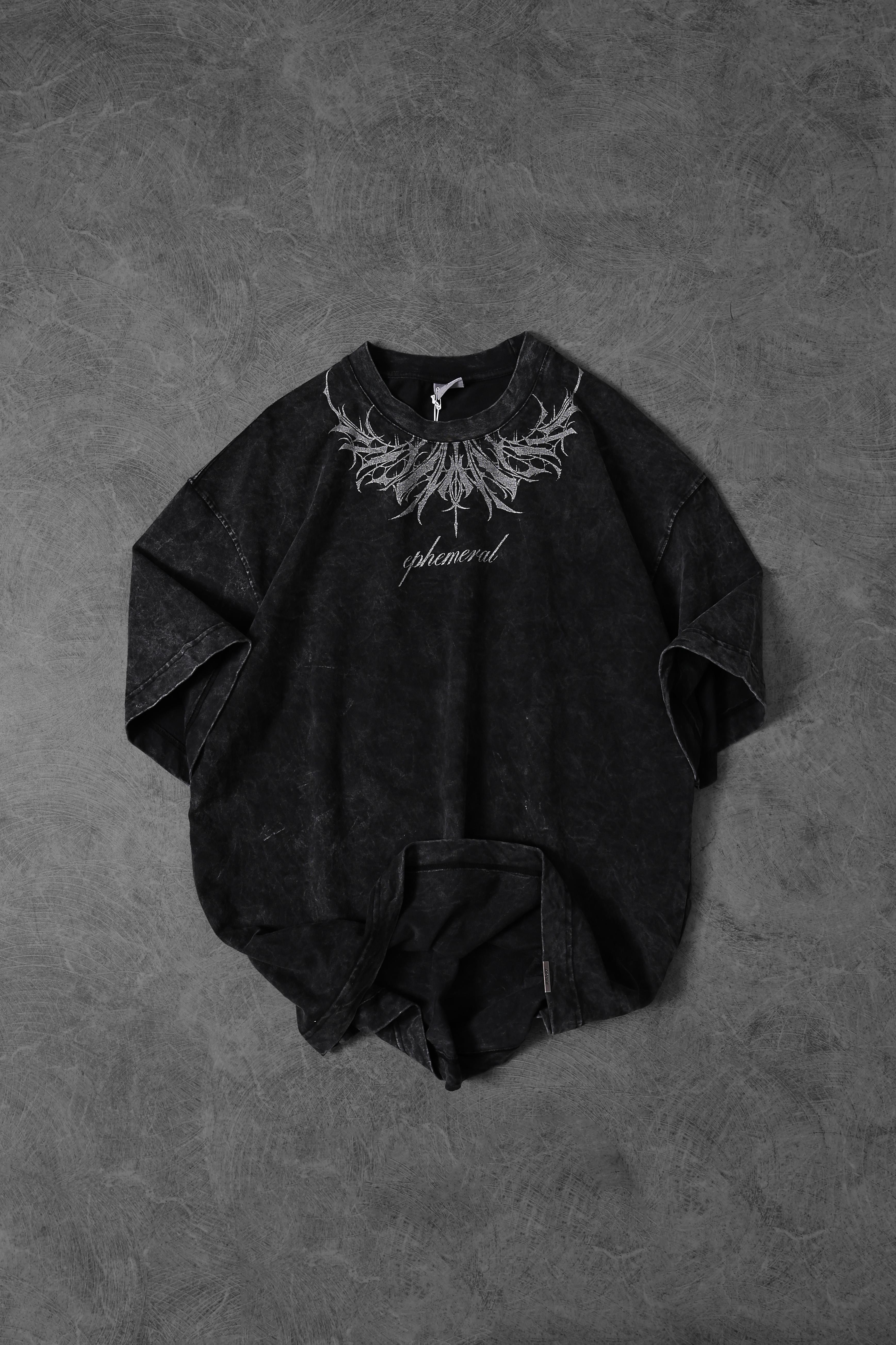 Erkek Antrasit Ephemeral Baskılı Özel Yıkamalı Kumaş Oversize Tshirt