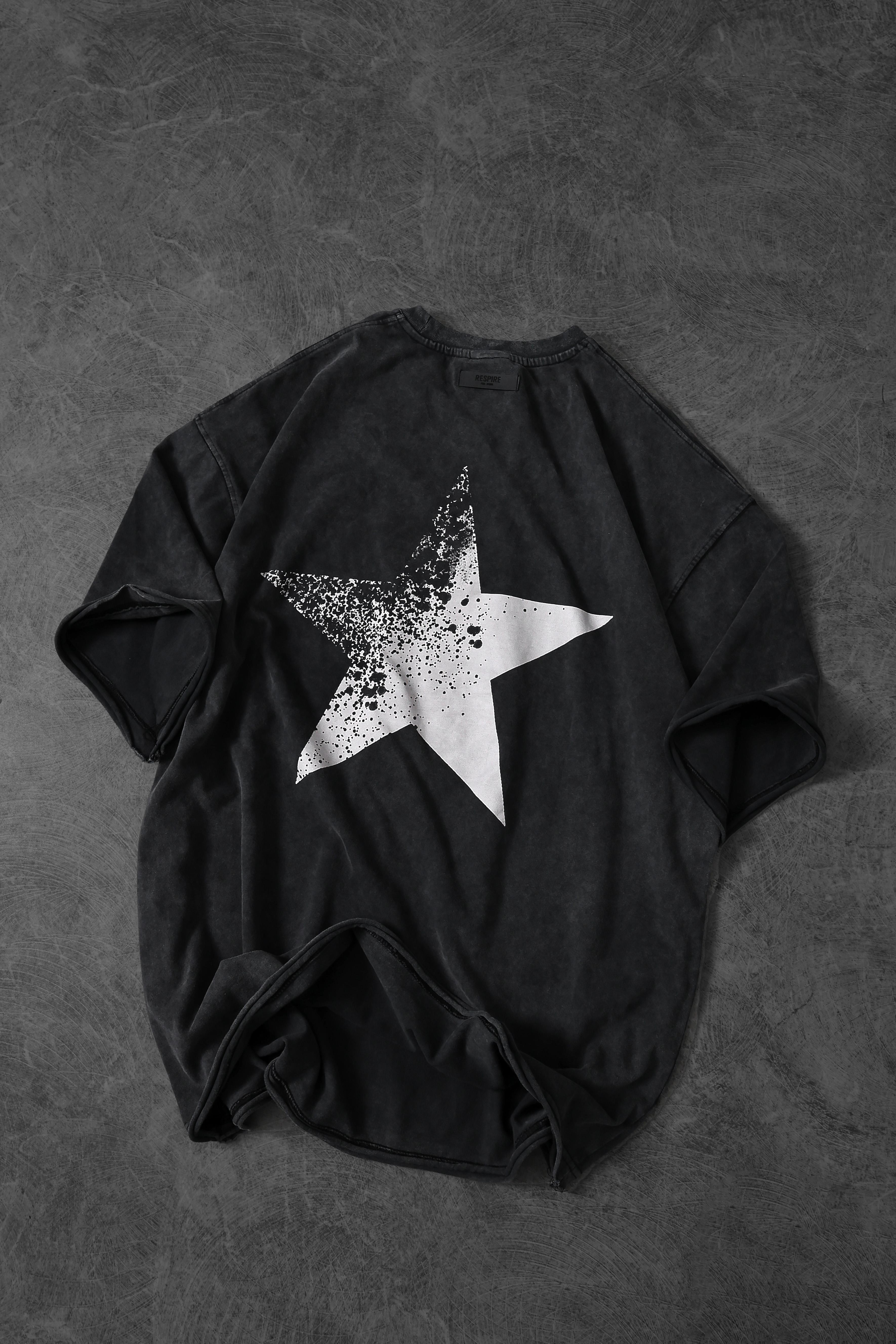 Erkek Antrasit Star Özel Yıkamalı Kumaş Oversize Tshirt