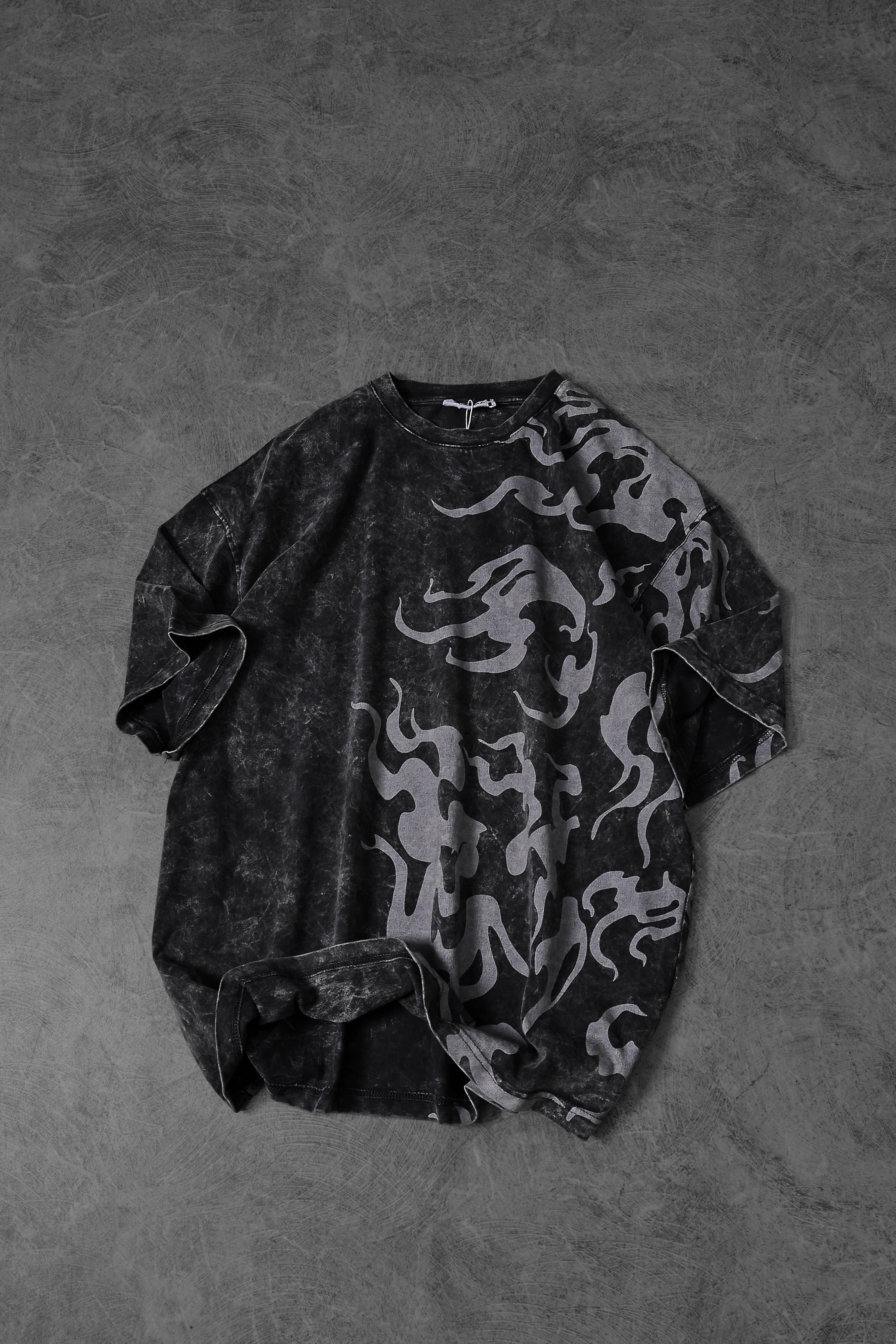 Erkek Antrasit Yazılı Yan Baskı Özel Yıkamalı Kumaş Oversize Tshirt