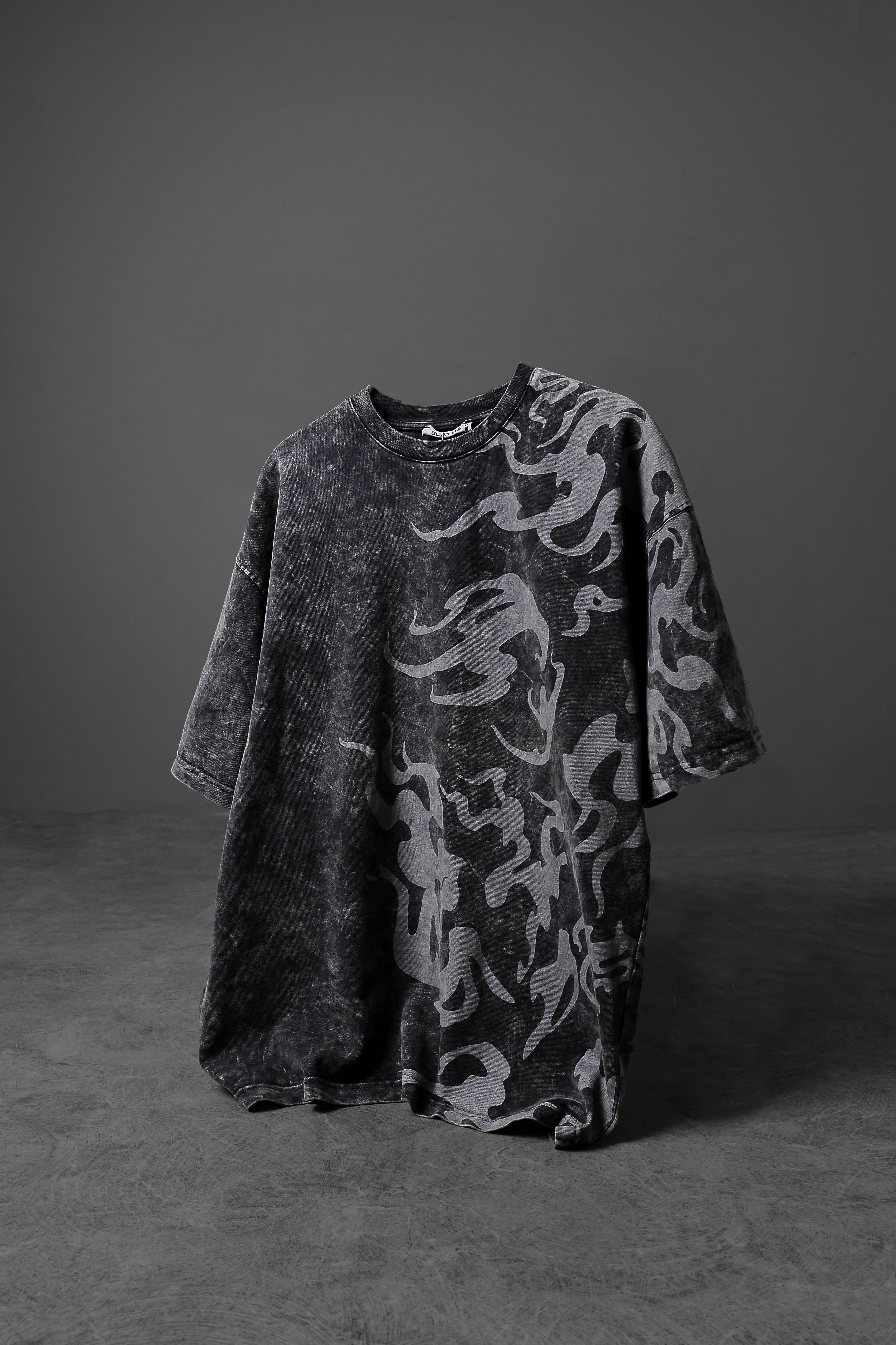 Erkek Antrasit Yazılı Yan Baskı Özel Yıkamalı Kumaş Oversize Tshirt