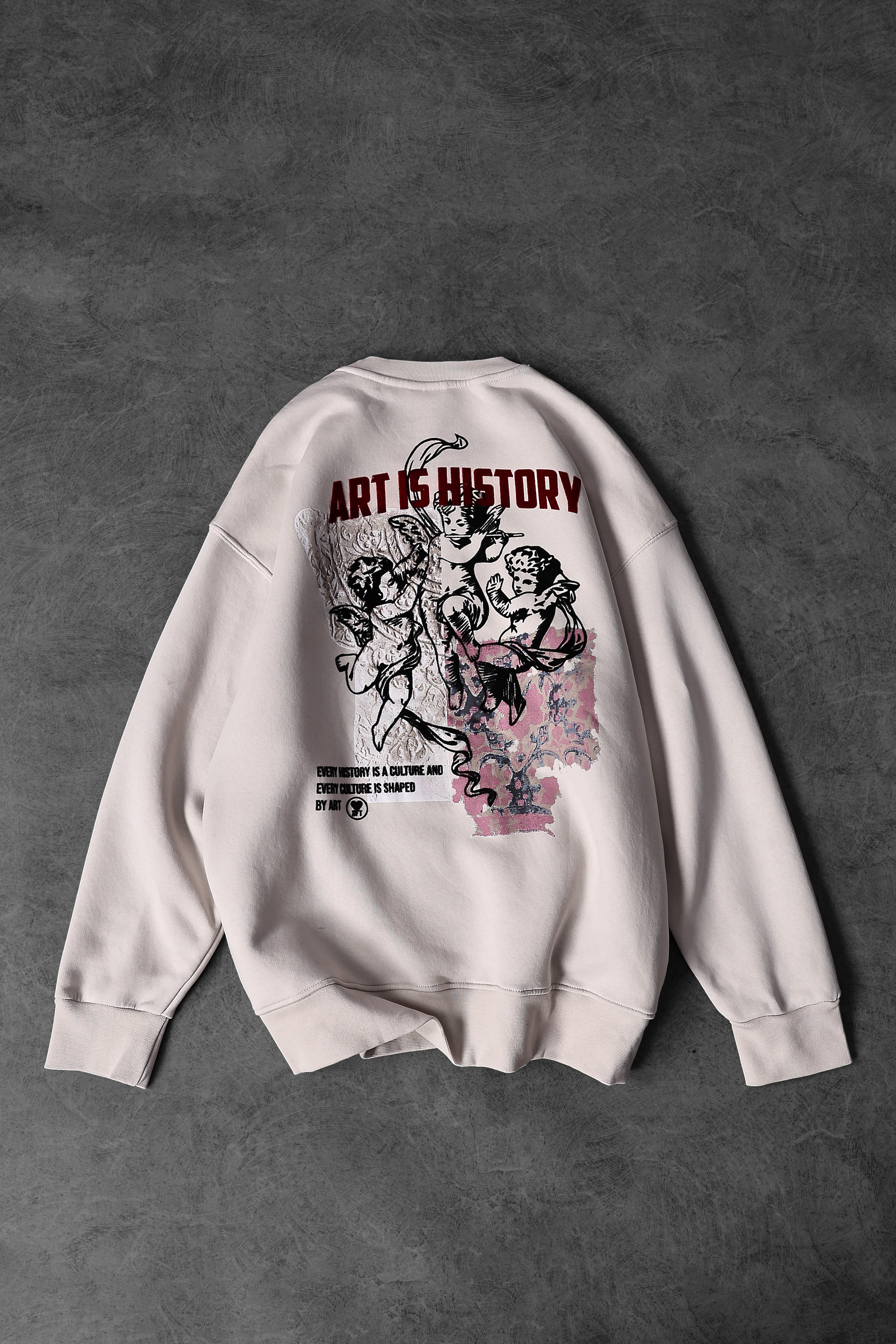 Erkek Bej Art İs History Flok Baskılı Oversize Sweatshirt