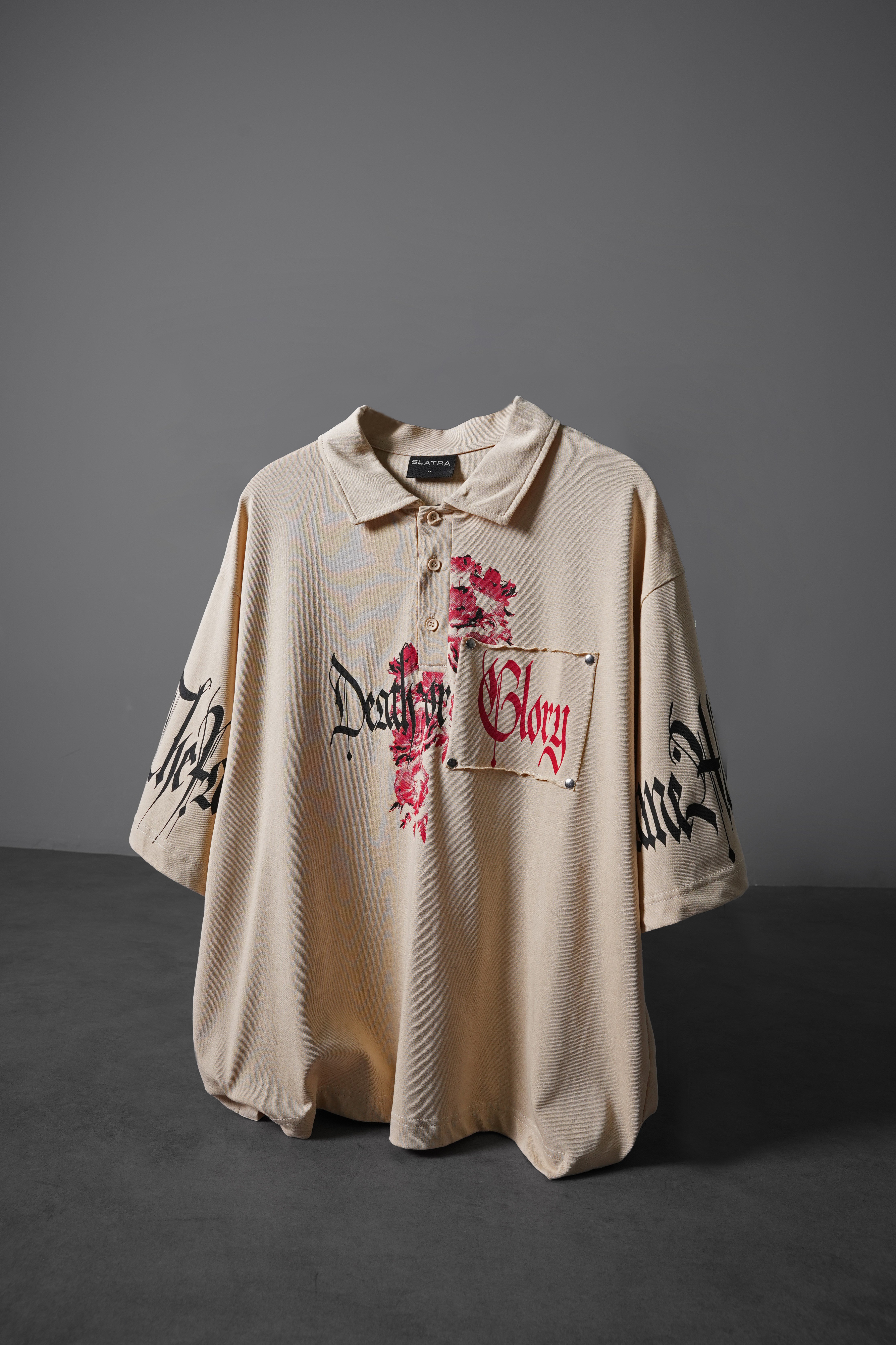 Erkek Bej Death or Glory Patchli Box Fit Polo Yaka Tshirt