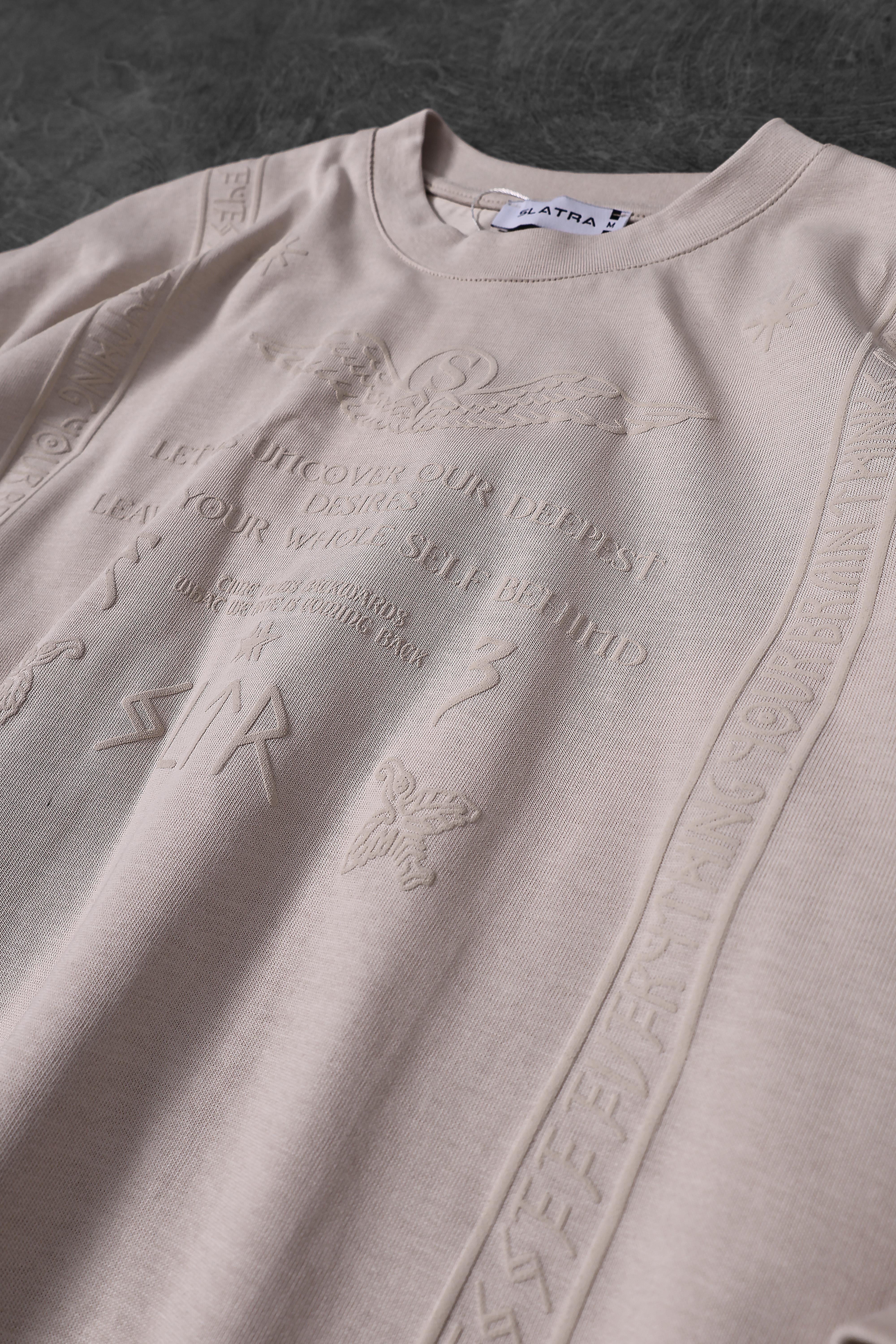 Erkek Bej Kabartma Baskı Oversize Tshirt